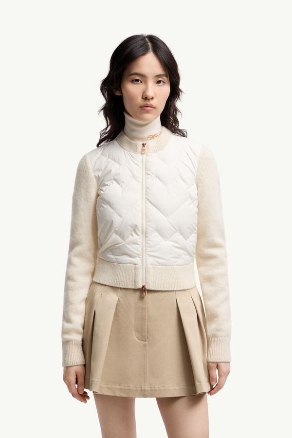 Padded Wool Blend Zip-Up Cardigan Women White Ivory Moncler 3
