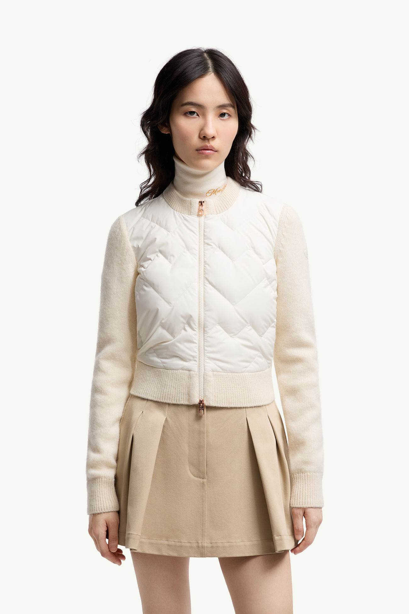 夾層羊毛混紡拉鏈開襟毛衣 女士 象牙白色 Moncler 3
