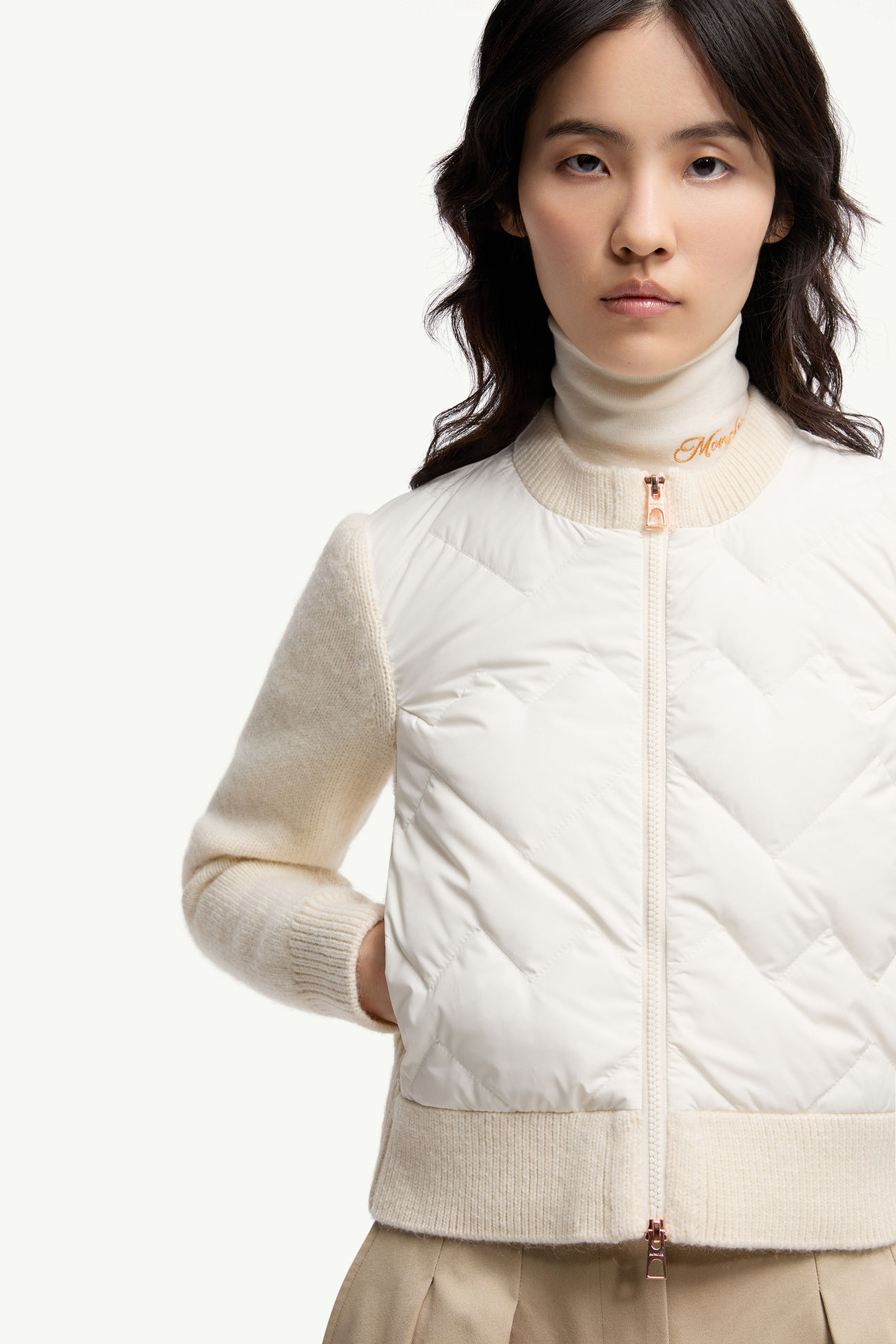 夾層羊毛混紡拉鏈開襟毛衣 女士 象牙白色 Moncler 5