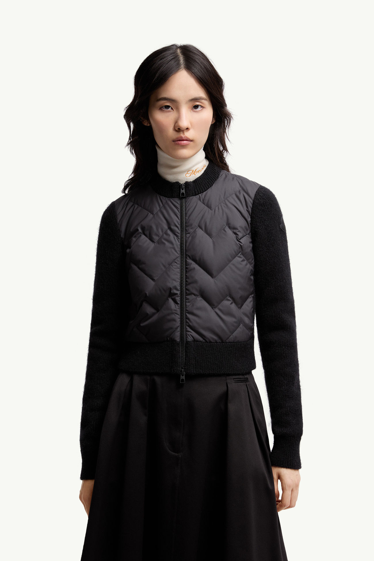 夾層羊毛混紡拉鏈開襟毛衣 女士 黑色 Moncler 3