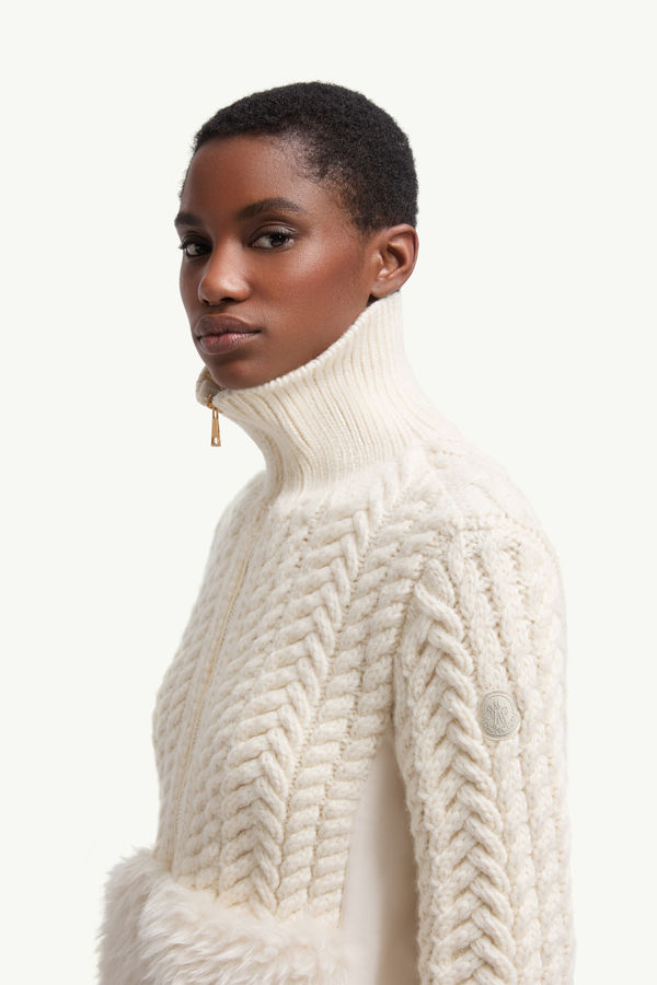 Wool Blend Zip-Up Cardigan Women White Ivory Moncler 1
