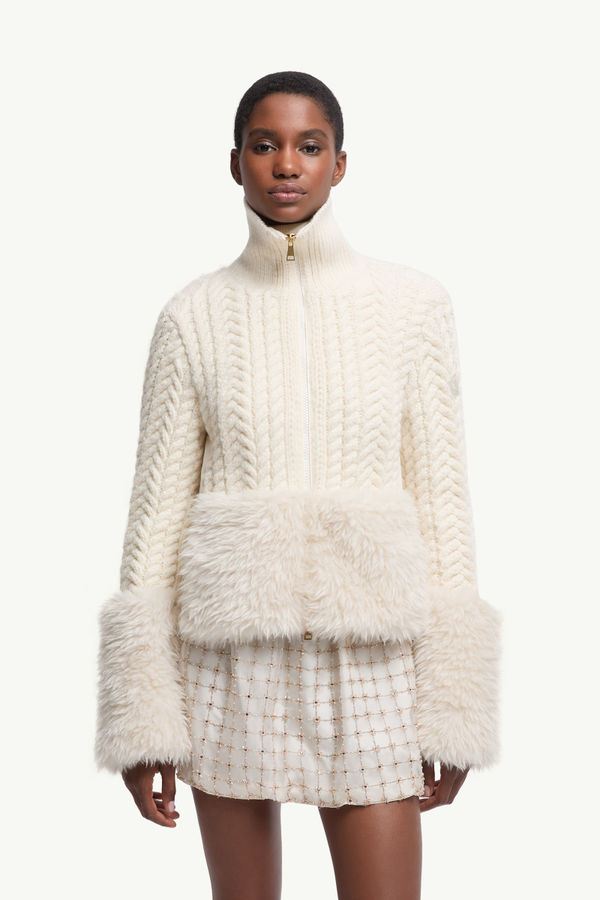 Wool Blend Zip-Up Cardigan Women White Ivory Moncler 3