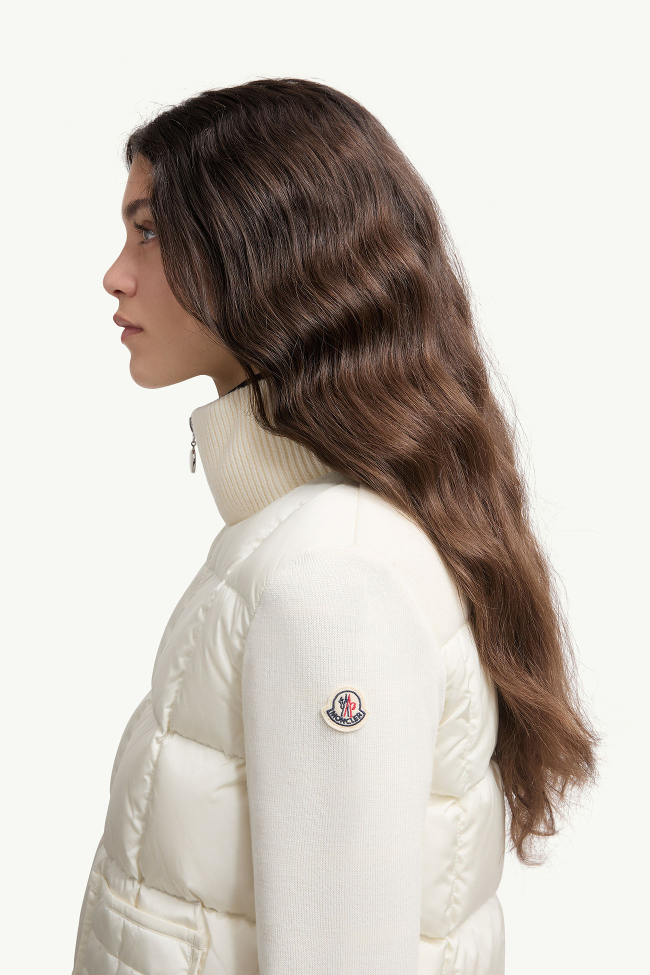 Gefütterte Woll-Strickjacke mit Reißverschluss und Steppung Damen Weiß Moncler 1