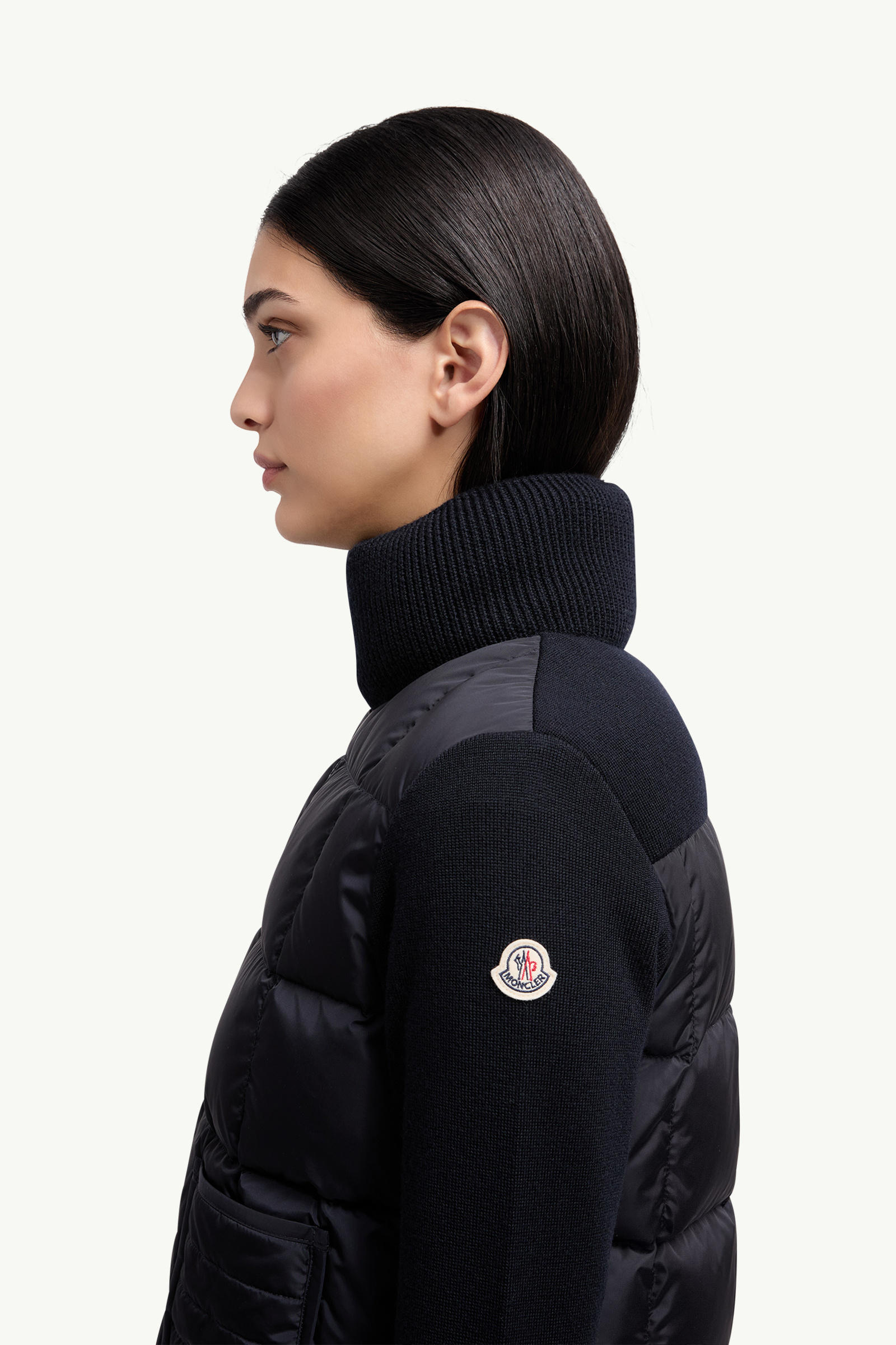 Square-Quilted Padded Wool Zip-Up Cardigan Women Navy Blue Moncler 1