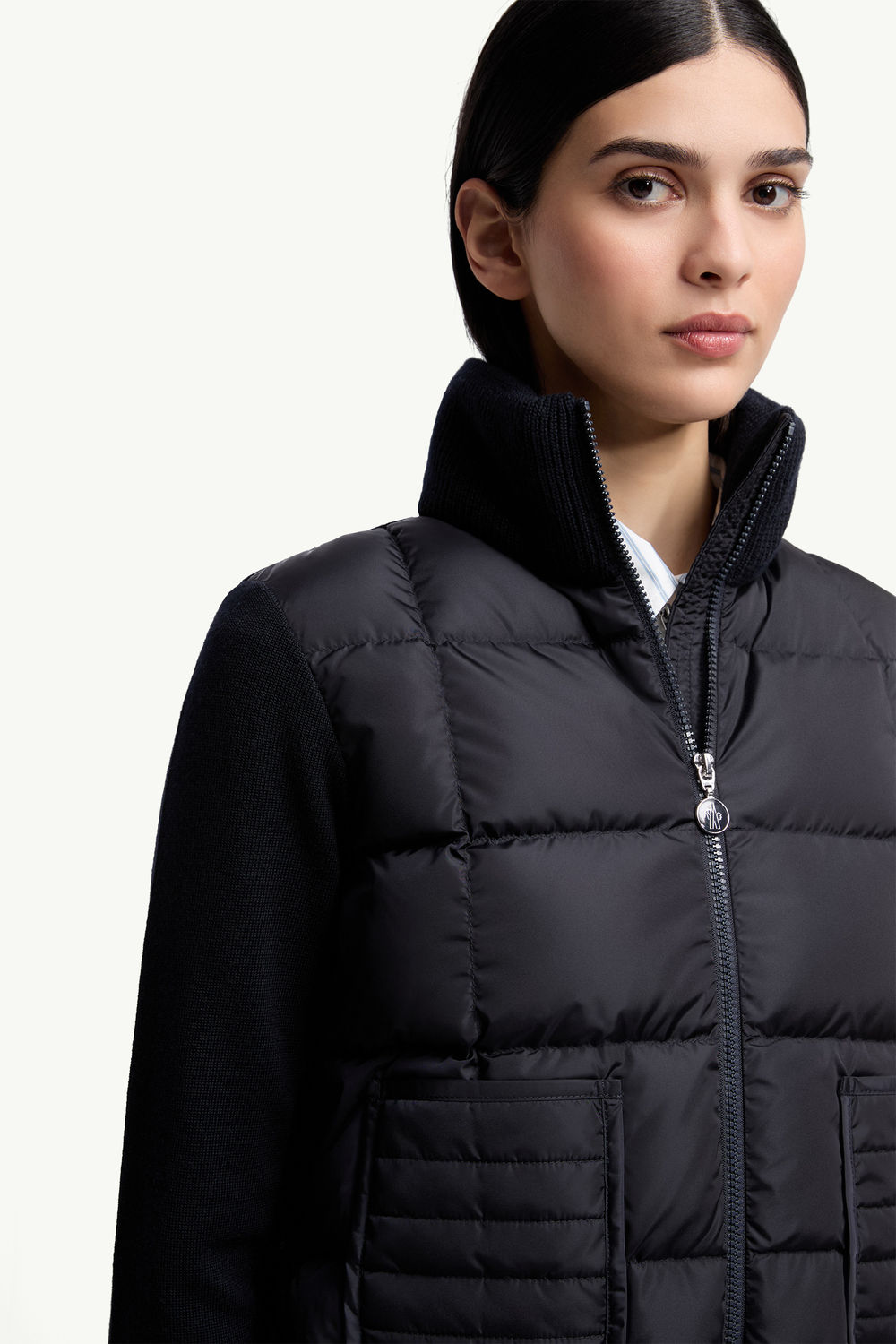 Square-Quilted Padded Wool Zip-Up Cardigan Women Navy Blue Moncler 5