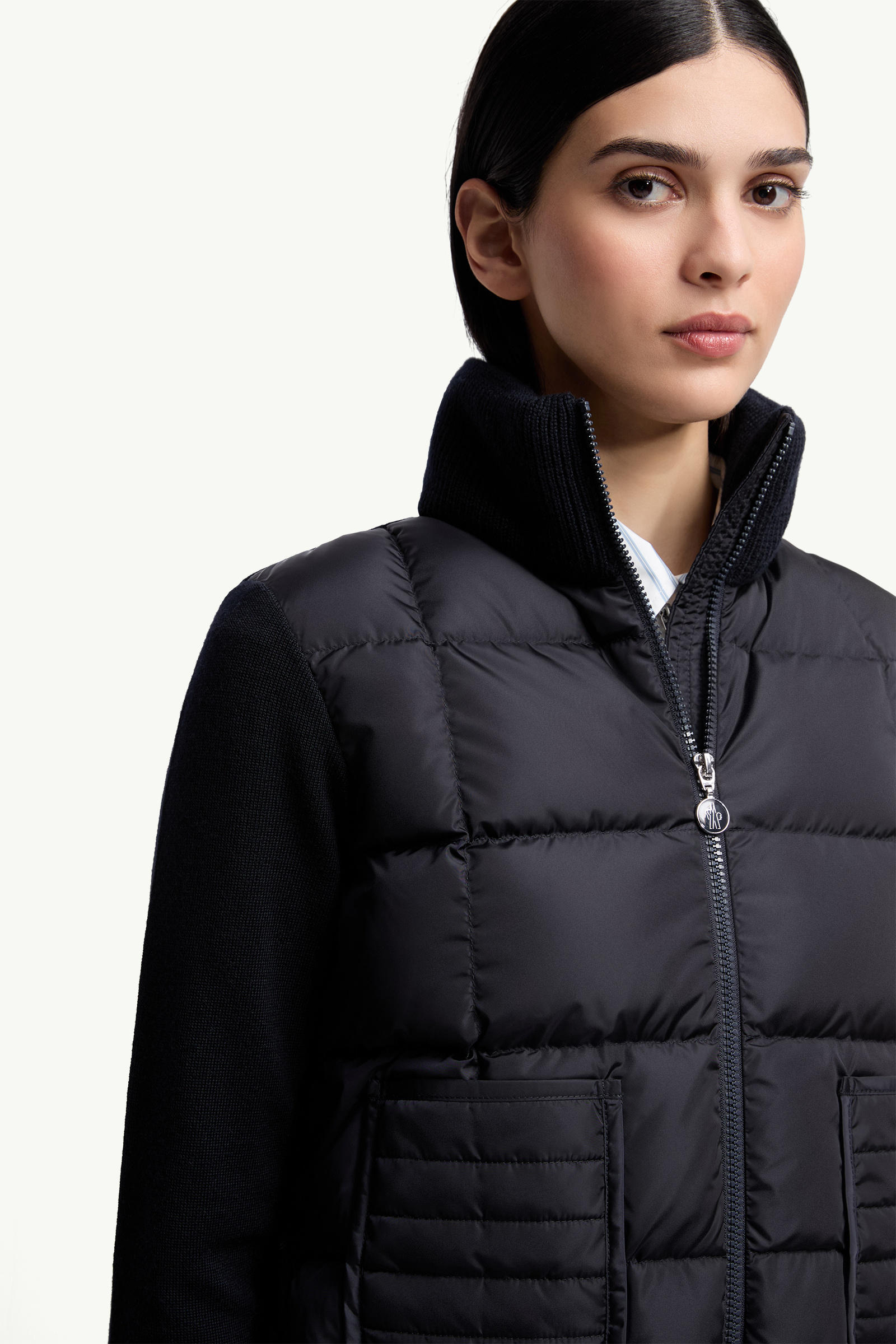Square-Quilted Padded Wool Zip-Up Cardigan Women Navy Blue Moncler 5