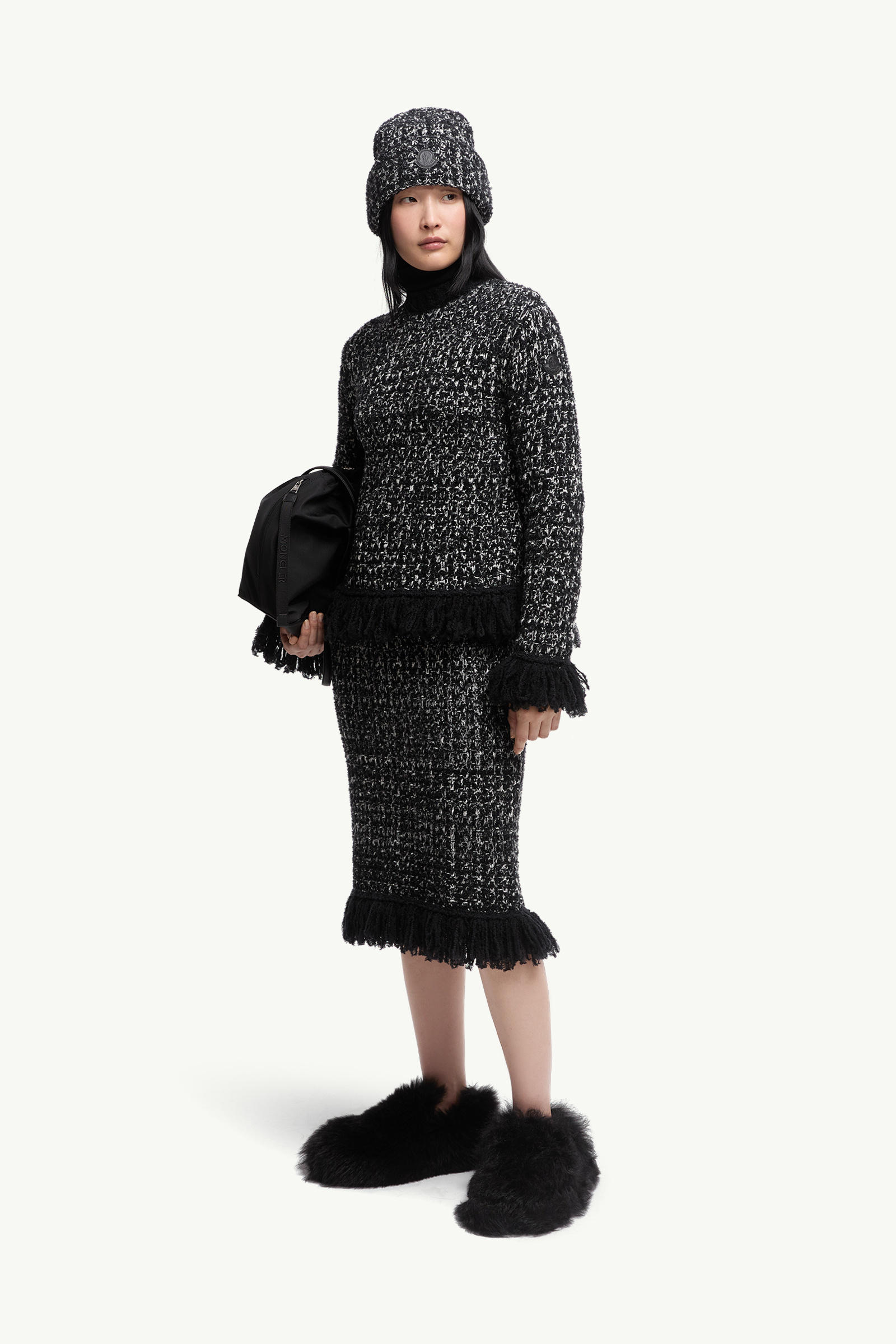 Pull en laine mélangée à bordure à franges Femmes Noir Moncler 0