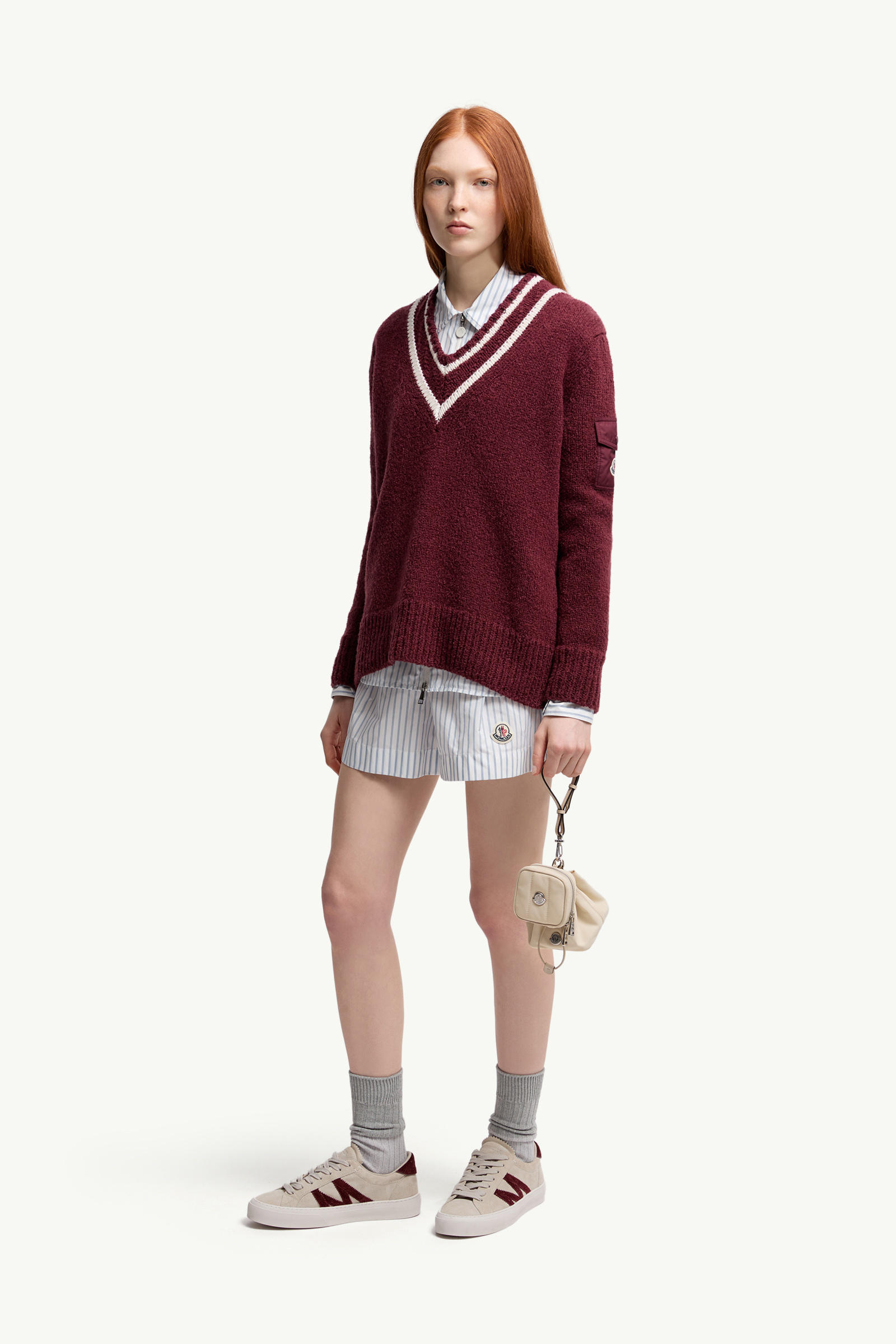 Padded V-Neck Cotton & Wool Blend Jumper Women Burgundy Moncler 0