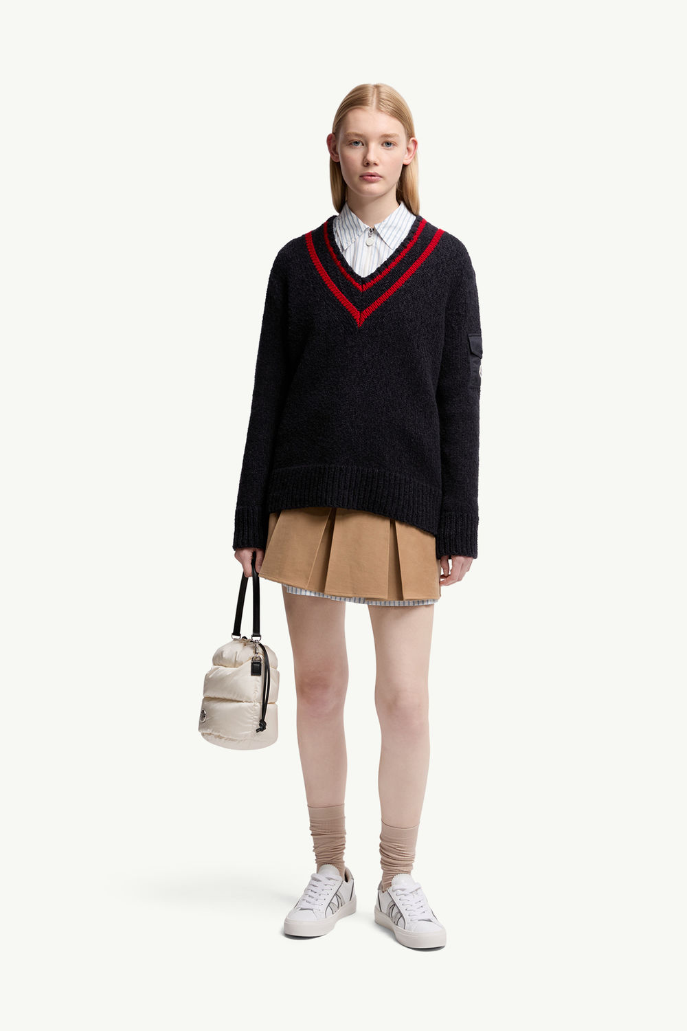 女士加衬V领棉质和羊毛混纺毛衣 女士 海军蓝色 Moncler 0
