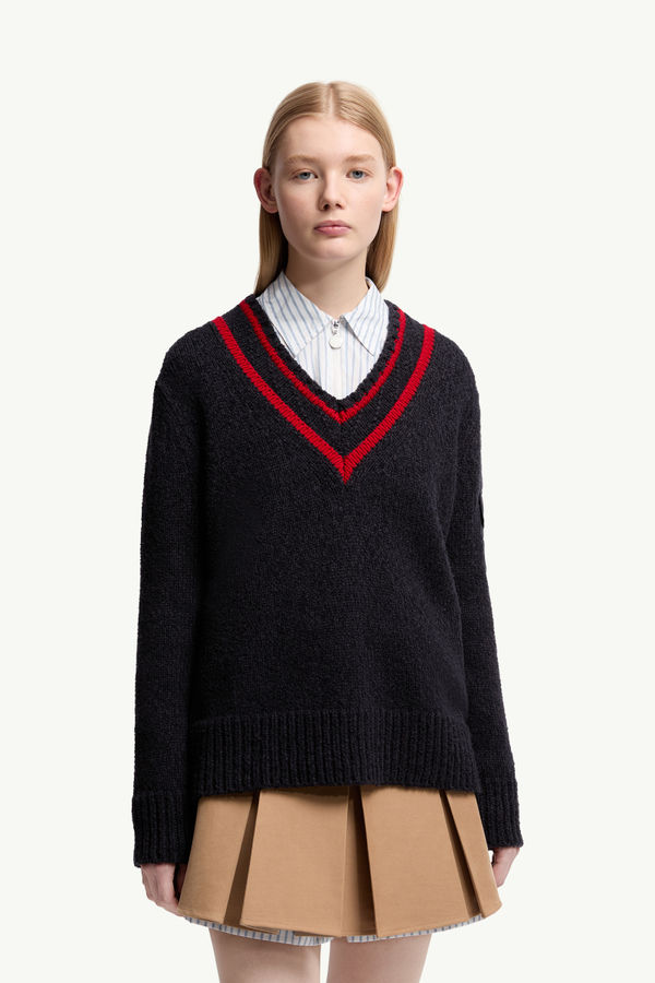 Maglione imbottito in misto lana e cotone con scollo a V Donna Blu Navy Moncler 3
