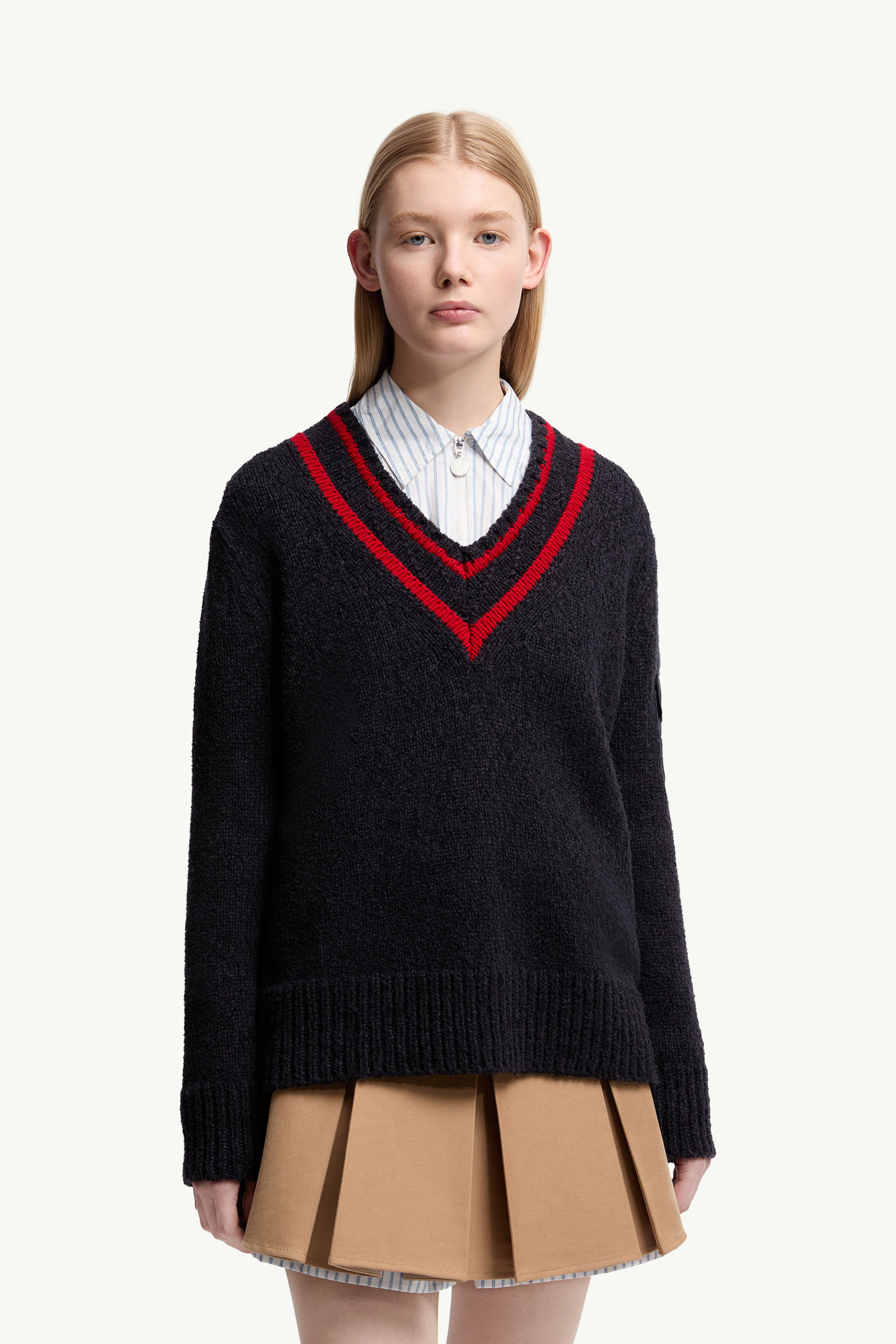 Padded V-Neck Cotton & Wool Blend Jumper Women Navy Blue Moncler 3