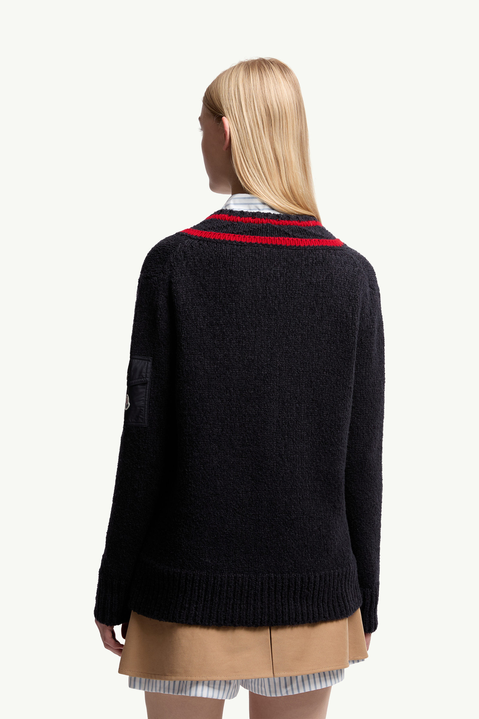 Padded V-Neck Cotton & Wool Blend Jumper Women Navy Blue Moncler 4