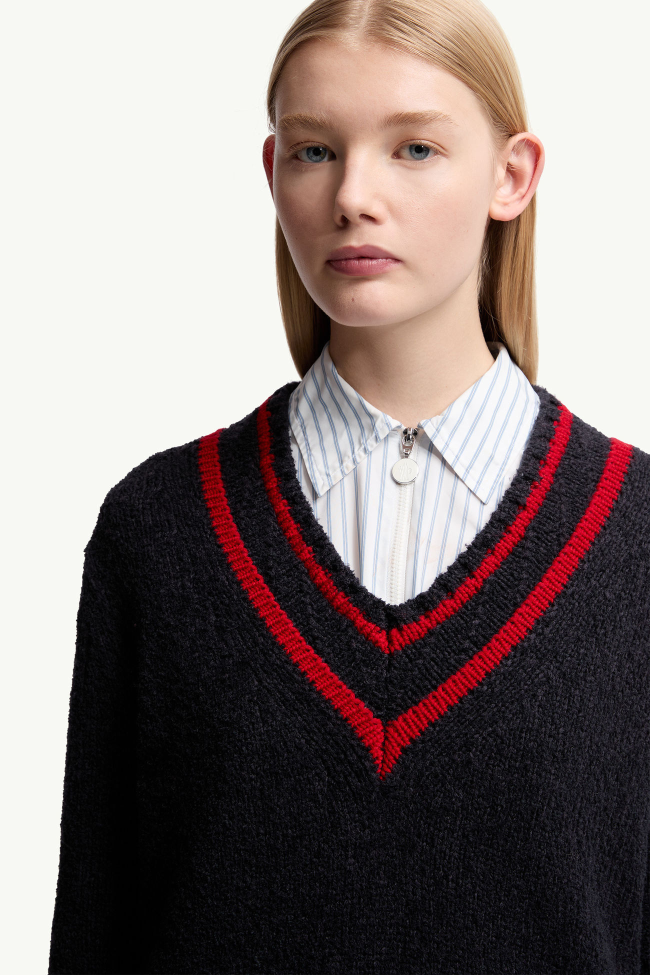 Padded V-Neck Cotton & Wool Blend Sweater Women Navy Blue Moncler 5