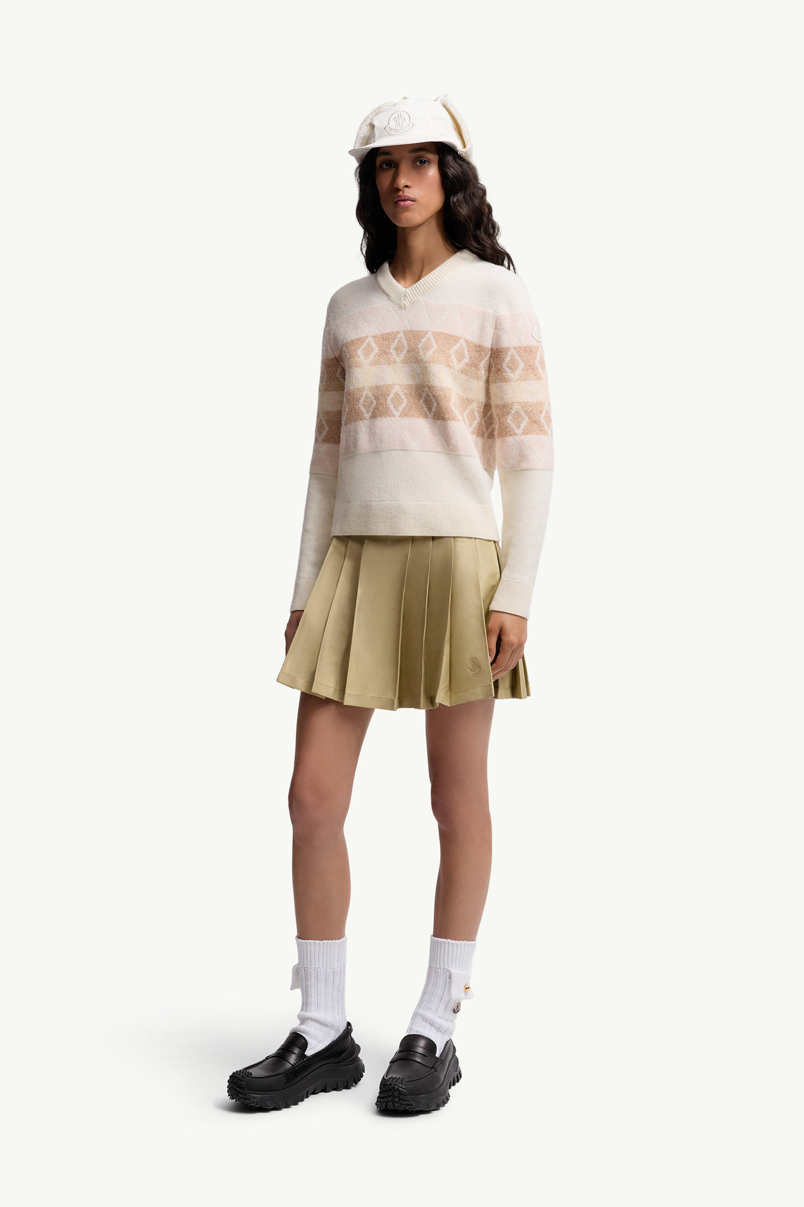 Pull à col en V en laine à motif losange Femmes Blanc & Rose Moncler 0