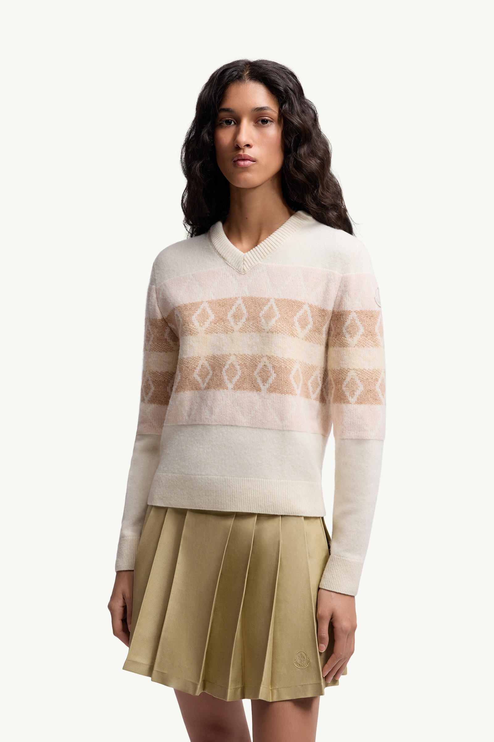 Pull à col en V en laine à motif losange Femmes Blanc & Rose Moncler 3