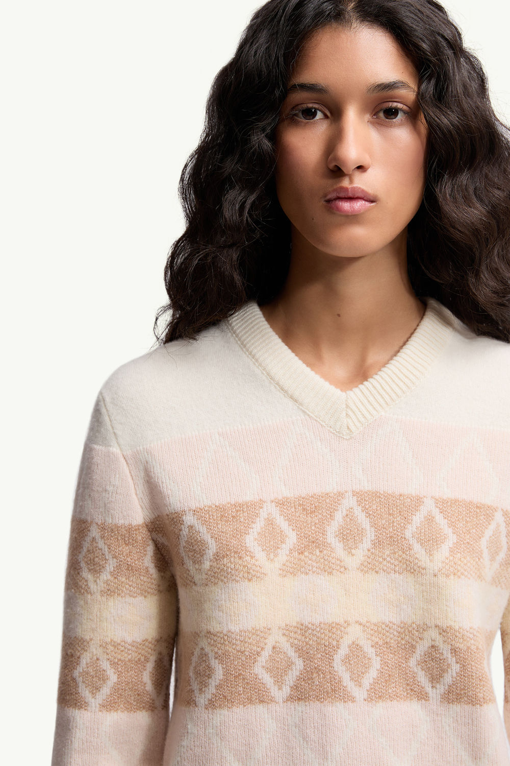 Wool Jacquard V-Neck Sweater Women White & Pink Moncler 5