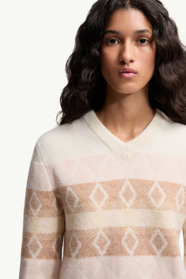 Wool Jacquard V-Neck Sweater Women White & Pink Moncler 5