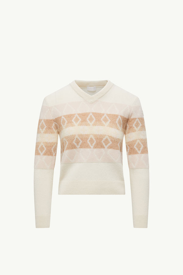 Wool Jacquard V-Neck Sweater Women White & Pink Moncler 2