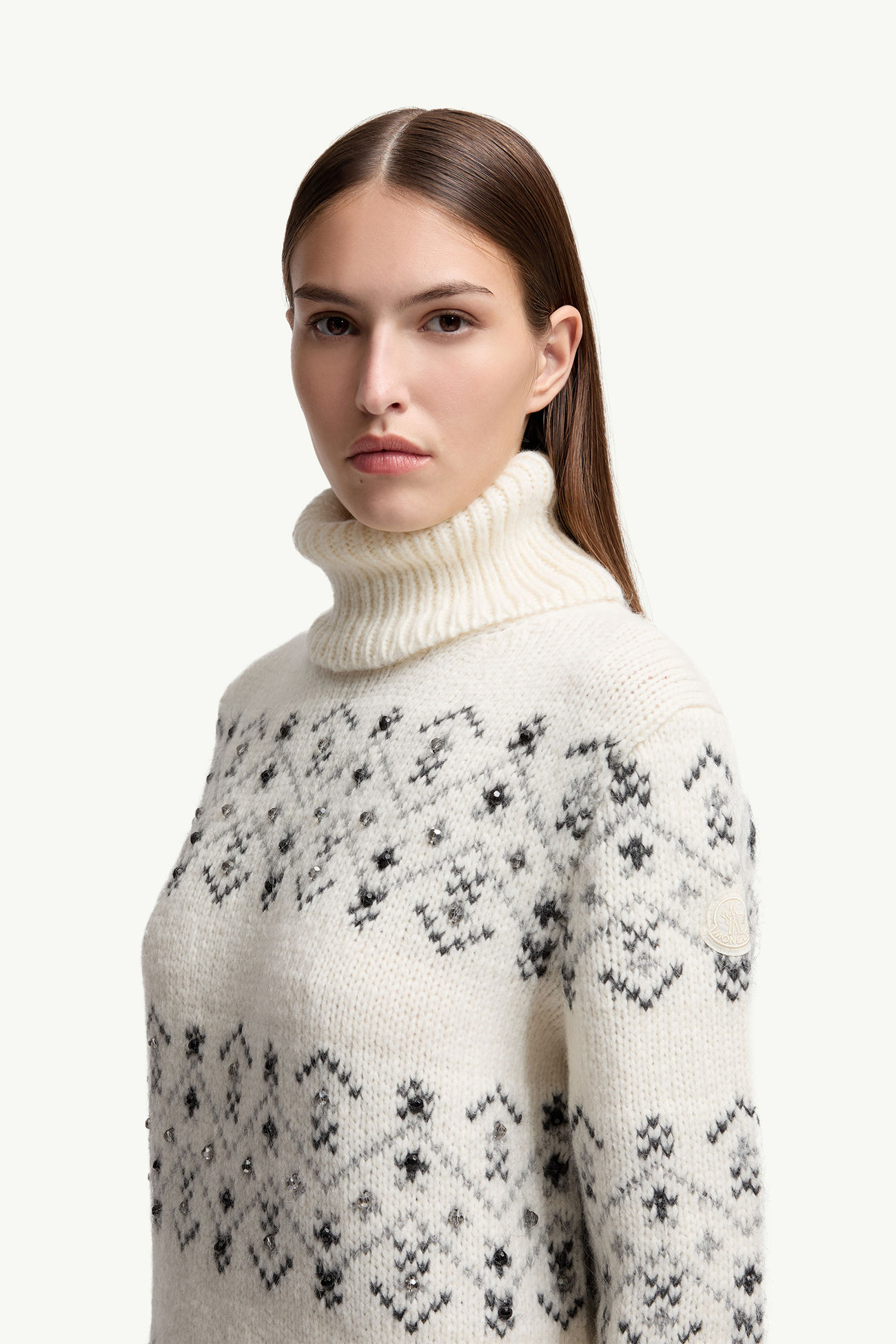 Kristallbestickter Rollkragenpullover aus Alpaka und Wolle Damen Weiß-Elfenbein Moncler 1