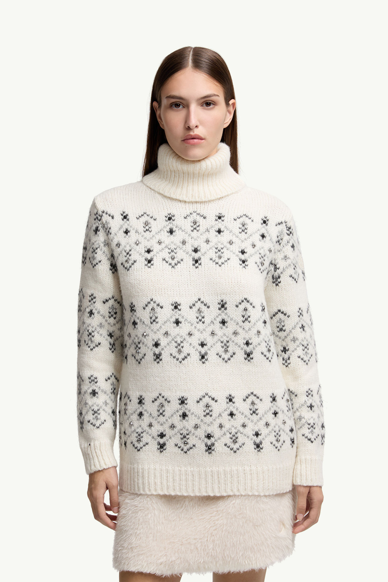 Crystal-Embroidered Alpaca & Wool Blend Polo Neck Jumper Women White Ivory Moncler 3