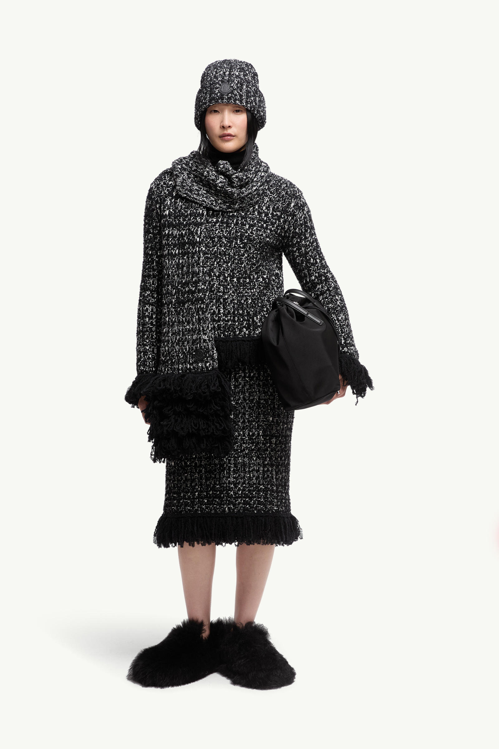 Jupe en laine mélangée à bordure à franges Femmes Noir Moncler 0