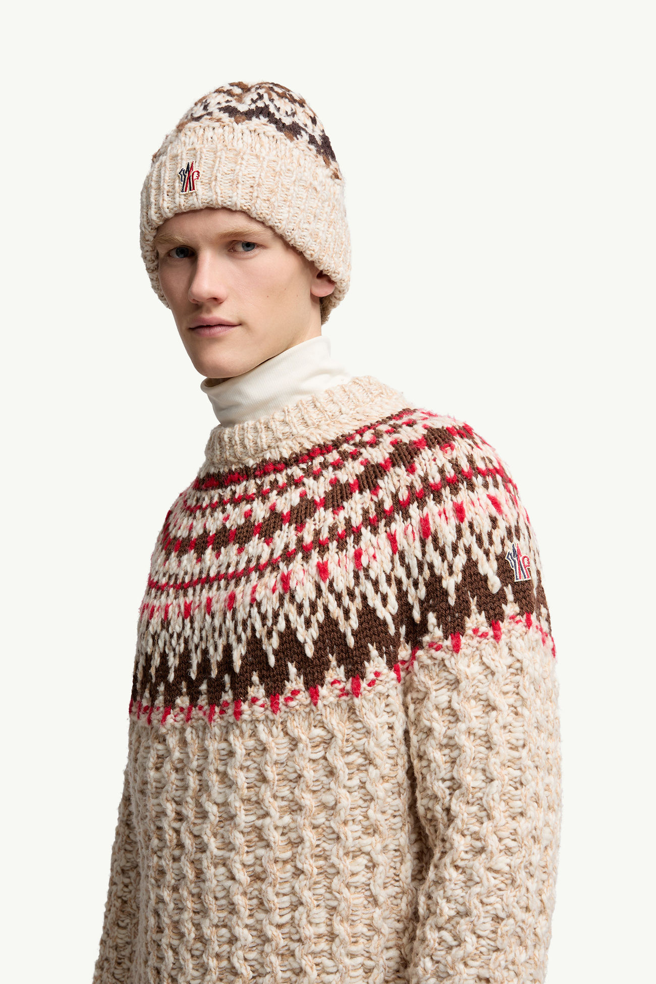 Gorro de mezcla de lana y jacquard geométrico Hombre Beige & Marrón Moncler 1