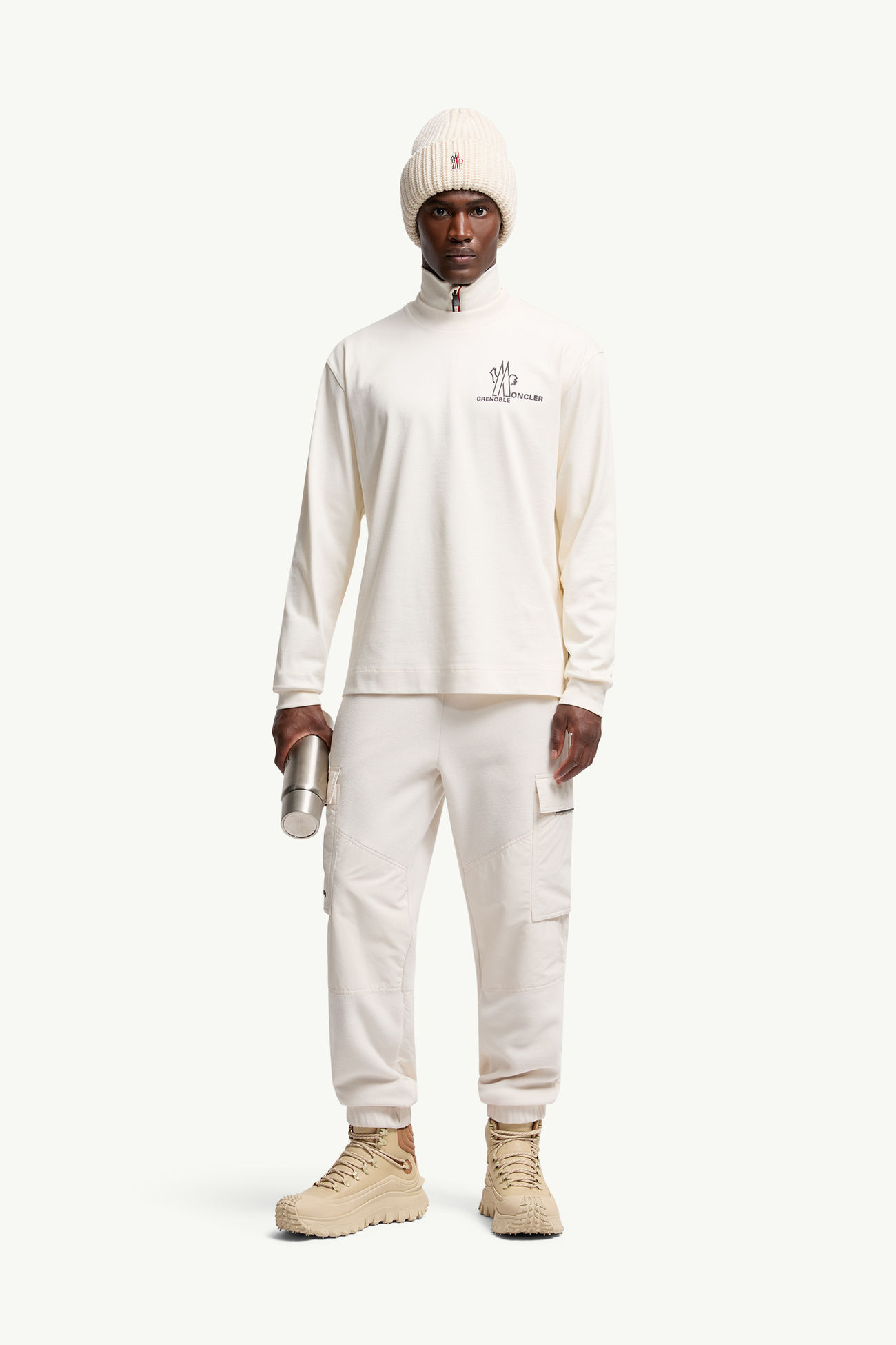 T-shirt a maniche lunghe logata in cotone Uomo Bianco Moncler 0