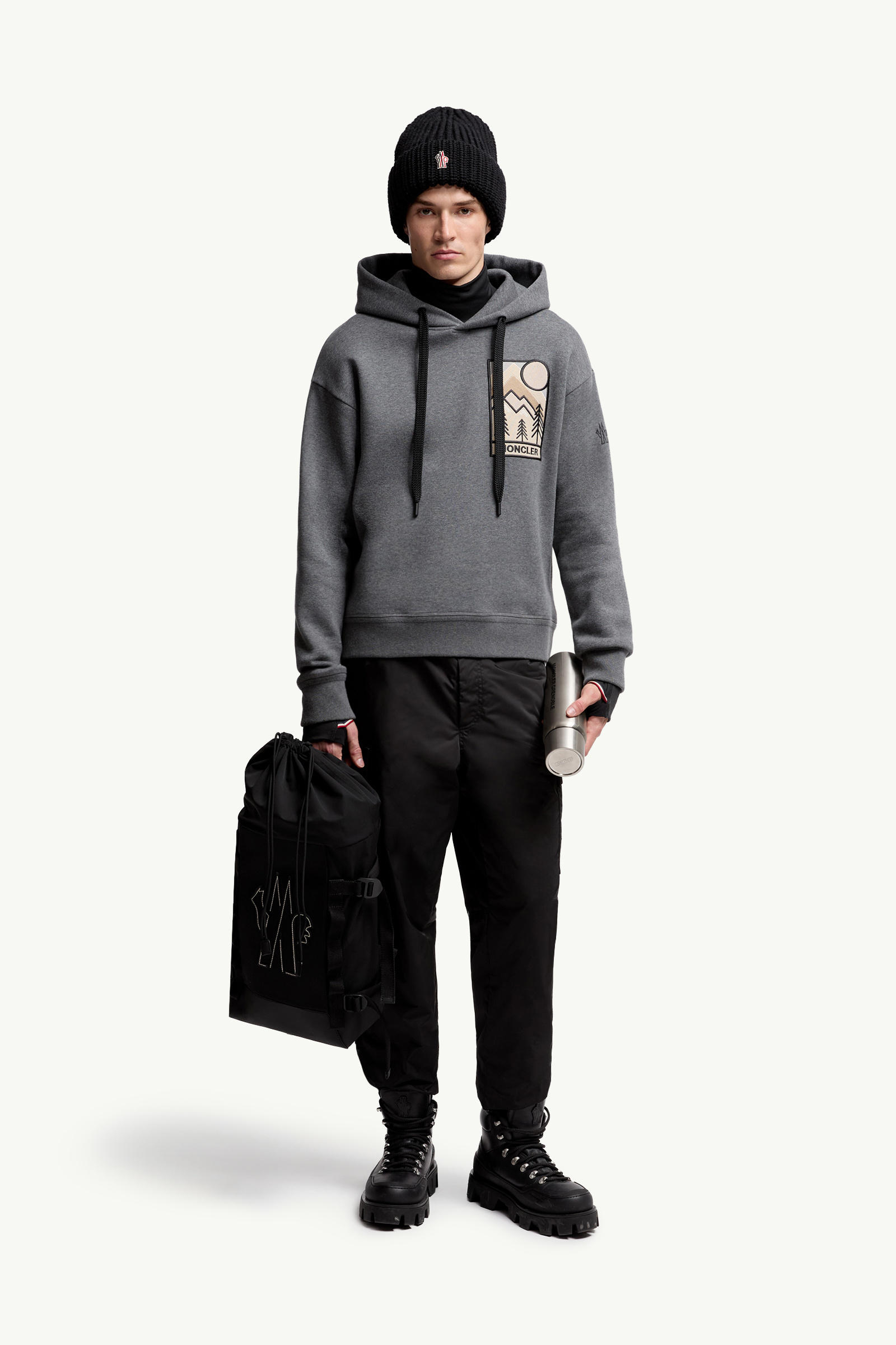 Mountain Logo Cotton Blend Hoodie Men Dark Gray Moncler 0
