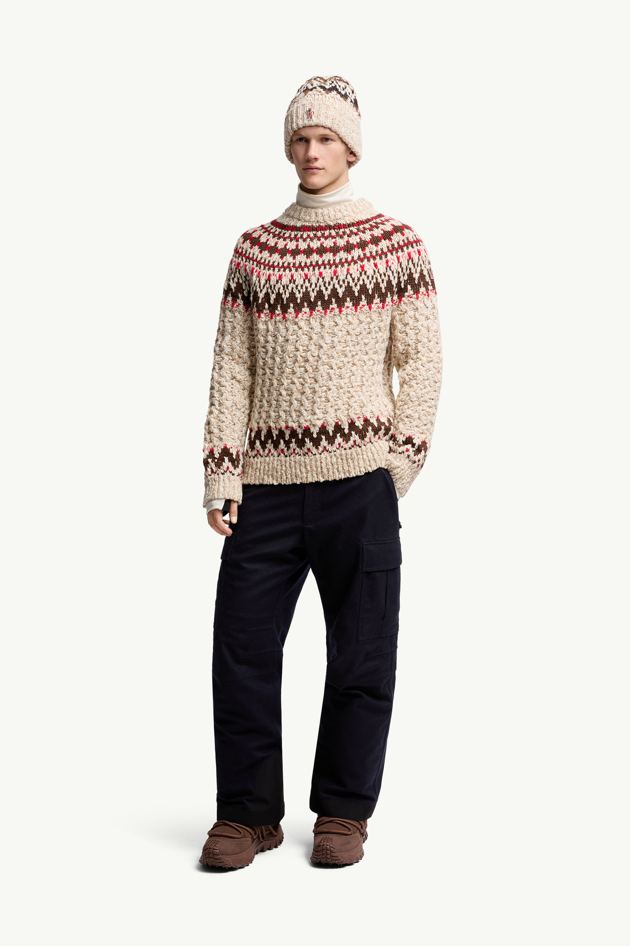 Wollpullover mit geometrischem Jacquardmuster Herren Kamelbeige & Rot Moncler 0