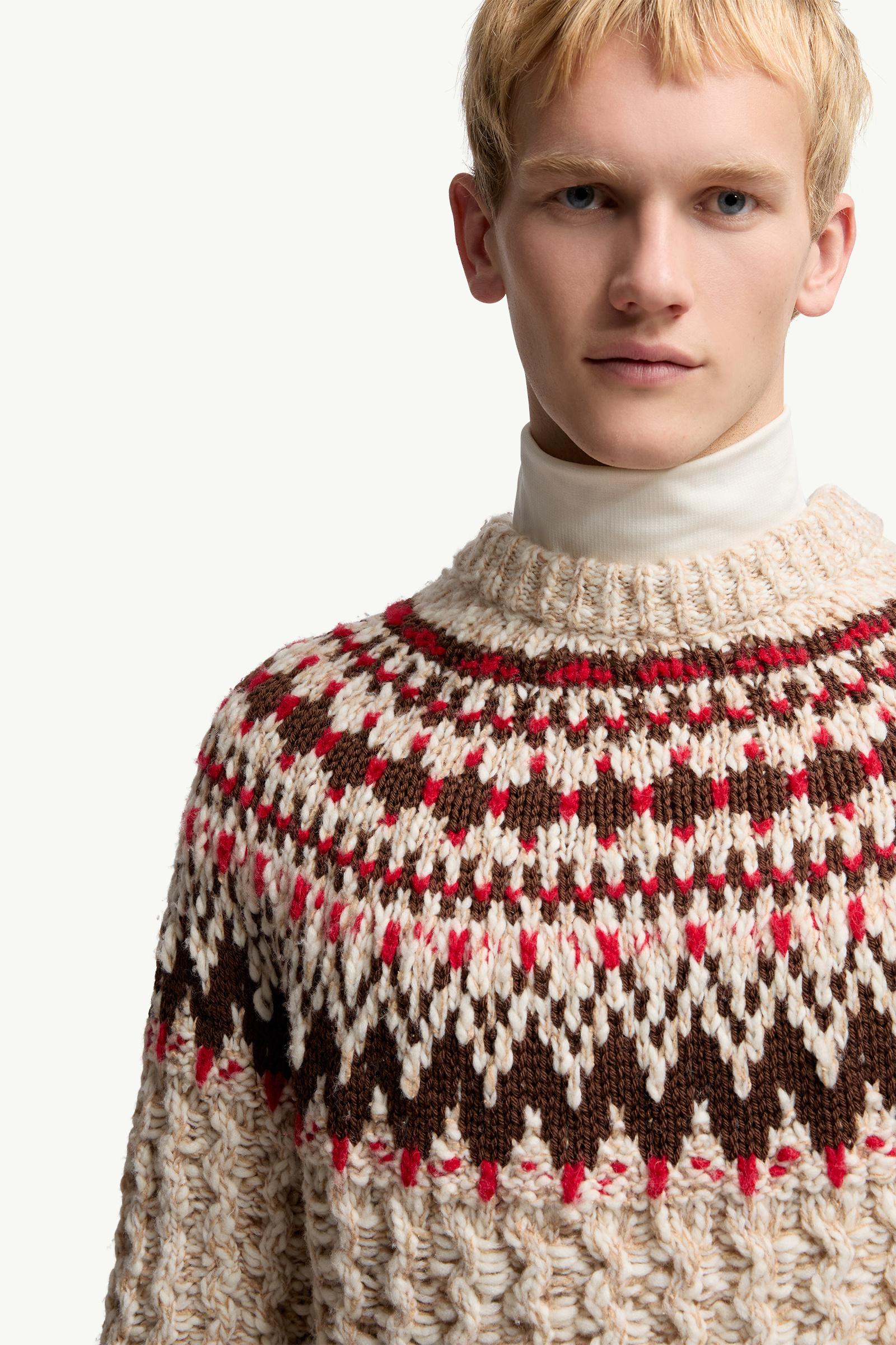 Camel Beige & Red Geometric Jacquard Wool Sweater - Sweaters