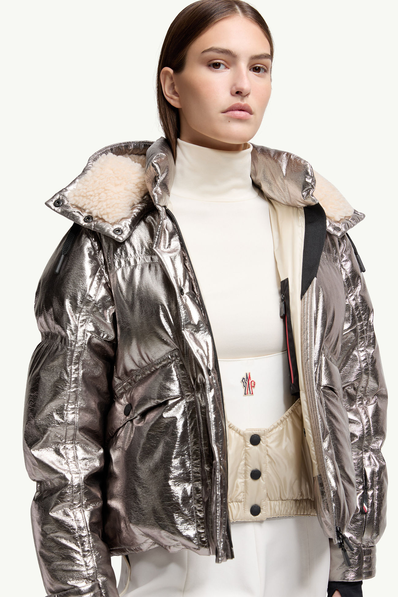 Calaque Metallic Daunen-Skijacke mit Kapuze Damen Silber Moncler 6