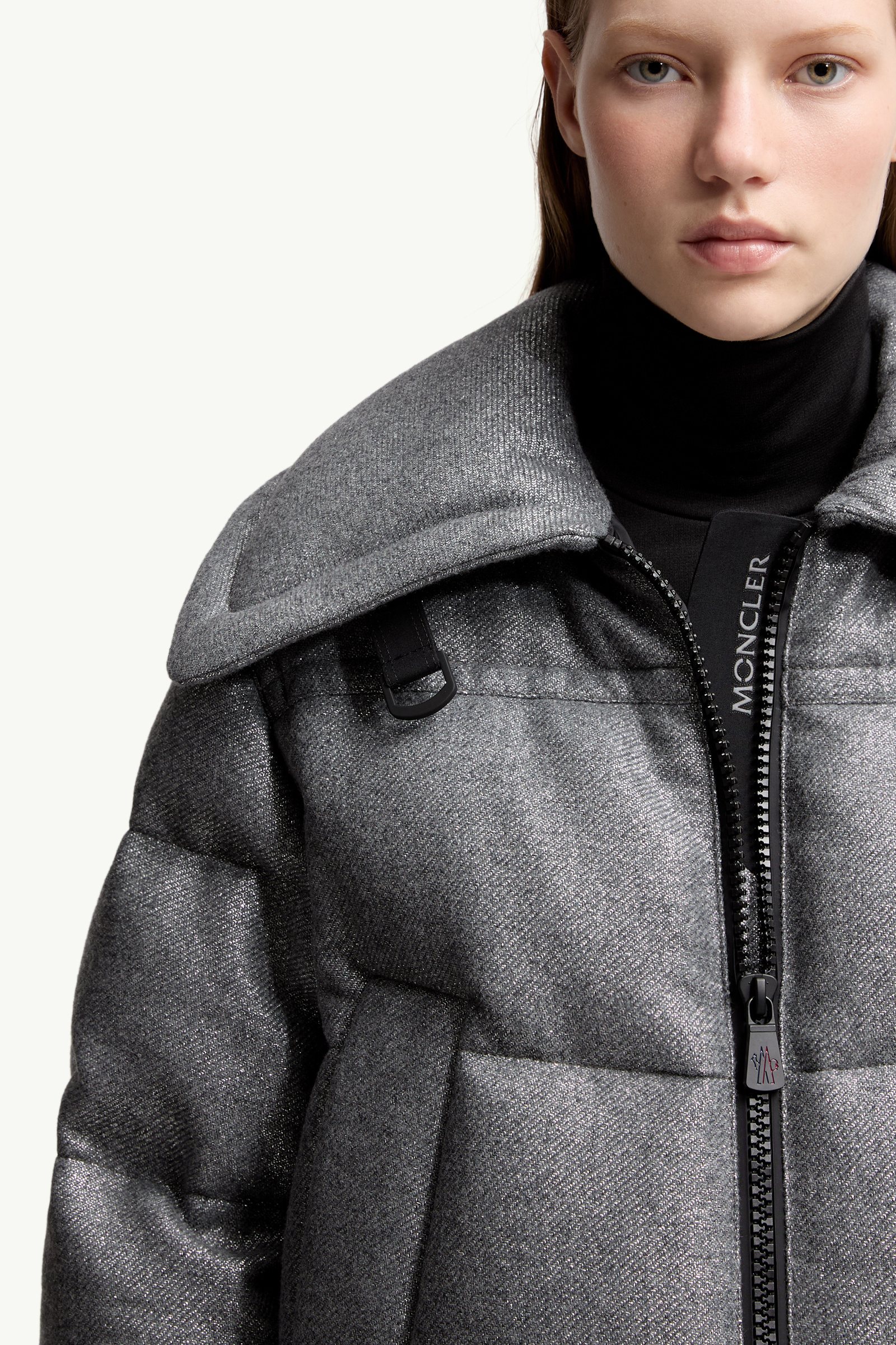 Moncler ダークグレーダウンジャケット レディース Grey Sandane Metallic Wool Blend Short Down Jacket - Short Down