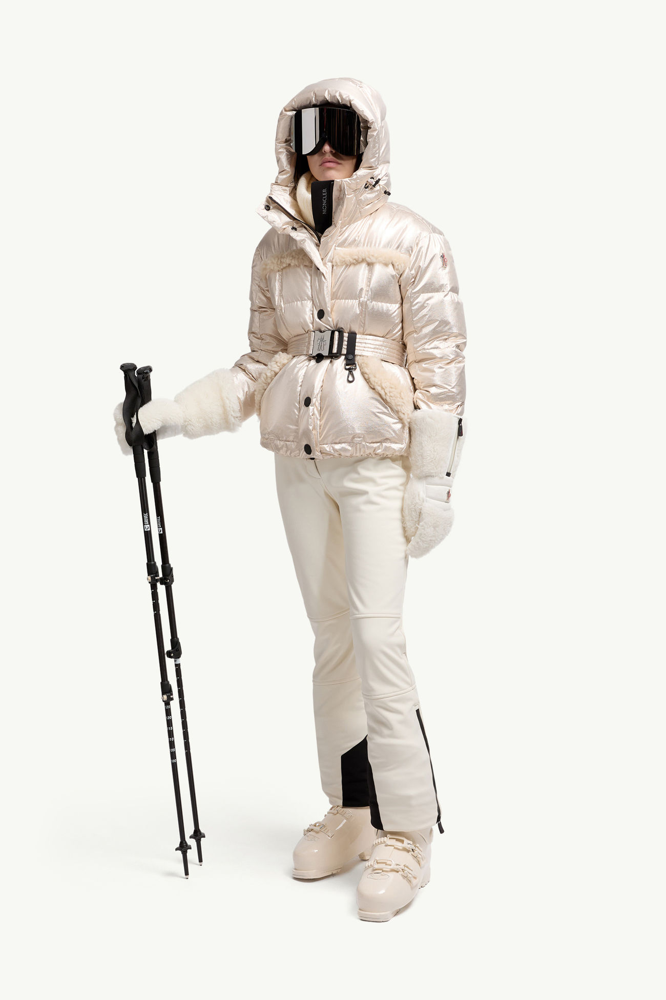 Giacca da sci metallizzata con cappuccio Mondim in shearling Donna Oro Pallido Moncler 0