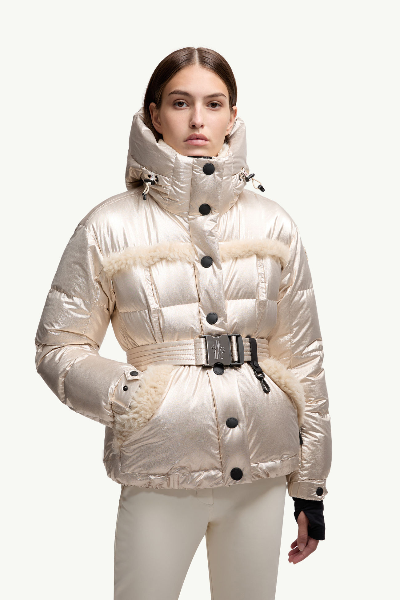Mondim女士金属质感羊毛饰边连帽羽绒夹克外套 女士 浅金色 Moncler 3