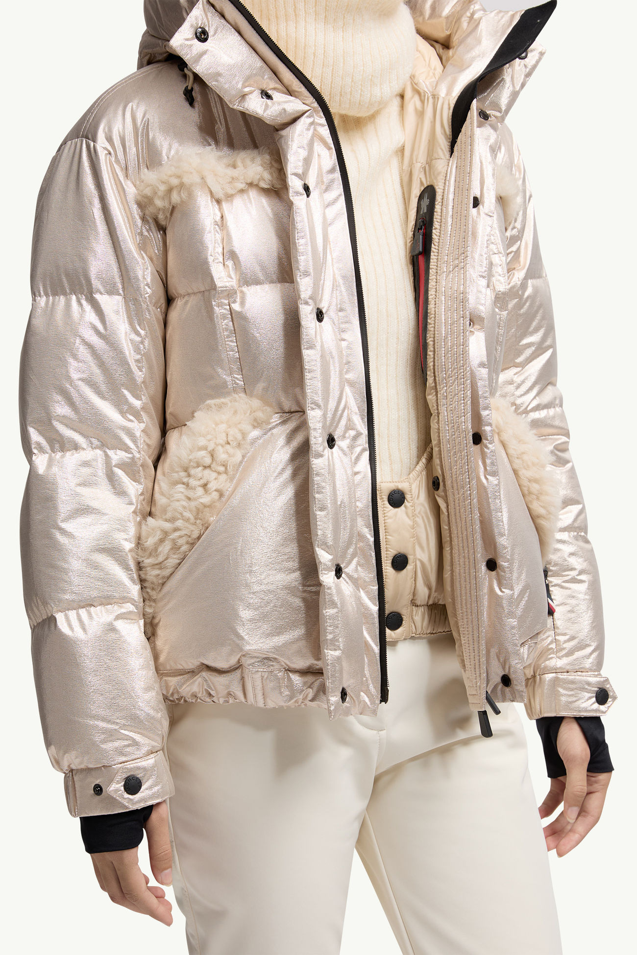 Mondim女士金属质感羊毛饰边连帽羽绒夹克外套 女士 浅金色 Moncler 5