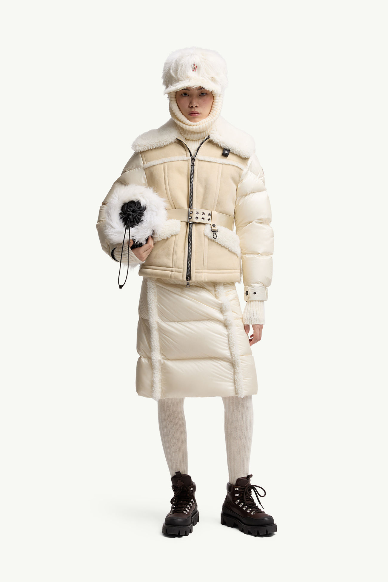 Alvernia連腰帶羔羊毛羽絨外套 女士 米色和白色 Moncler 0
