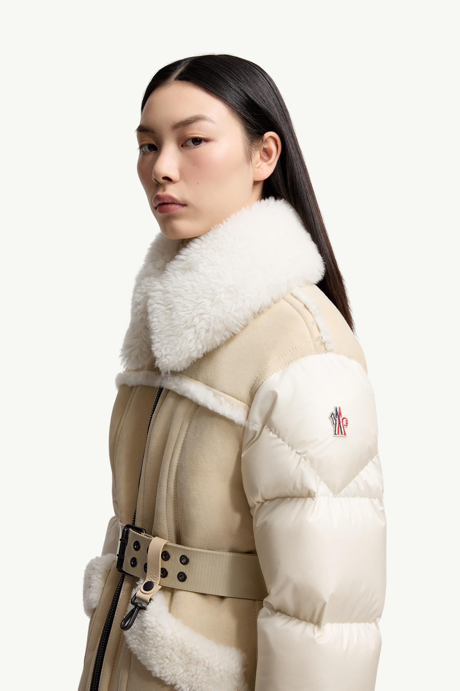 Beige & White Alvernia Belted Shearling Down Jacket - Short Down