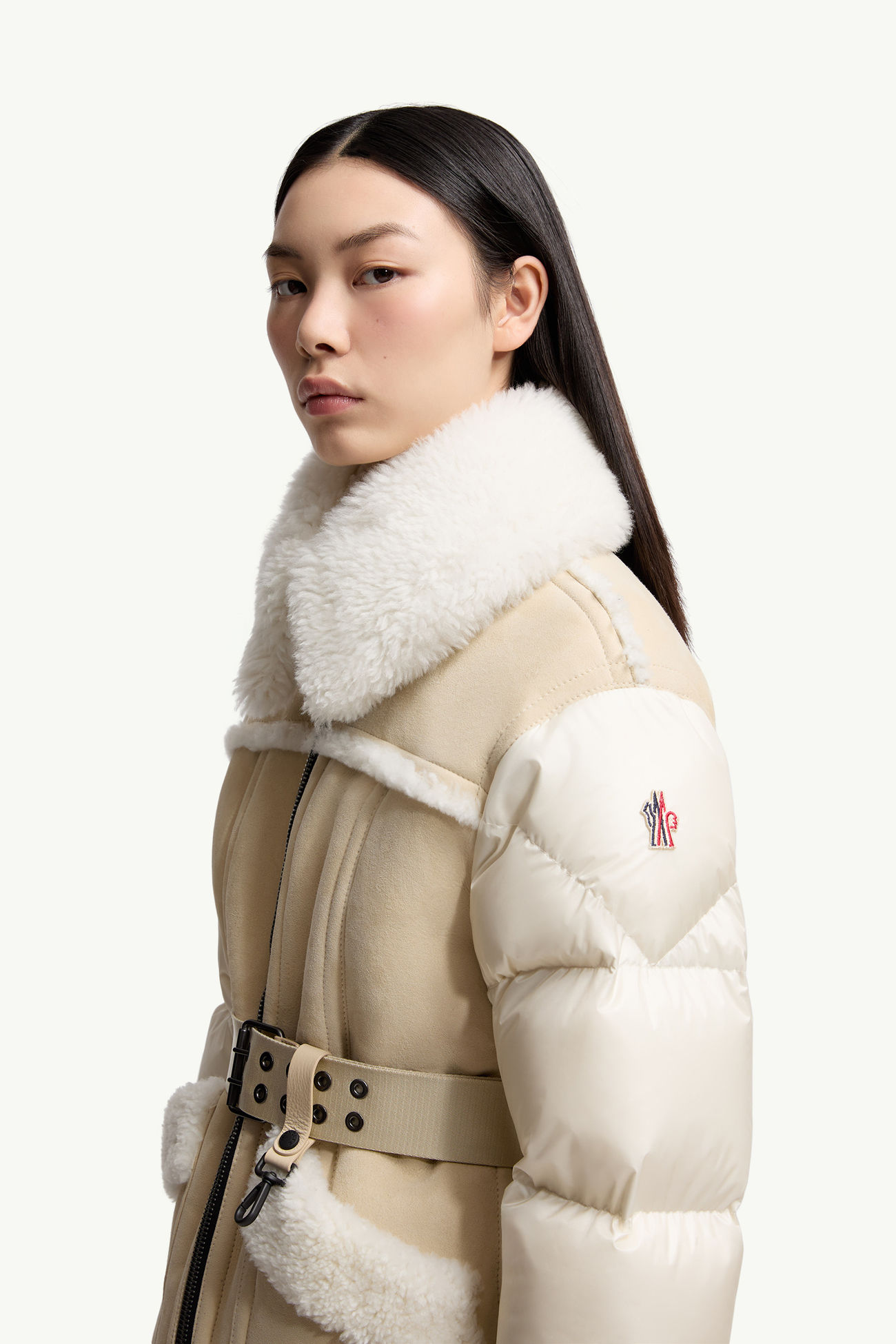 Alvernia Belted Shearling Down Jacket Women Beige & White Moncler 1