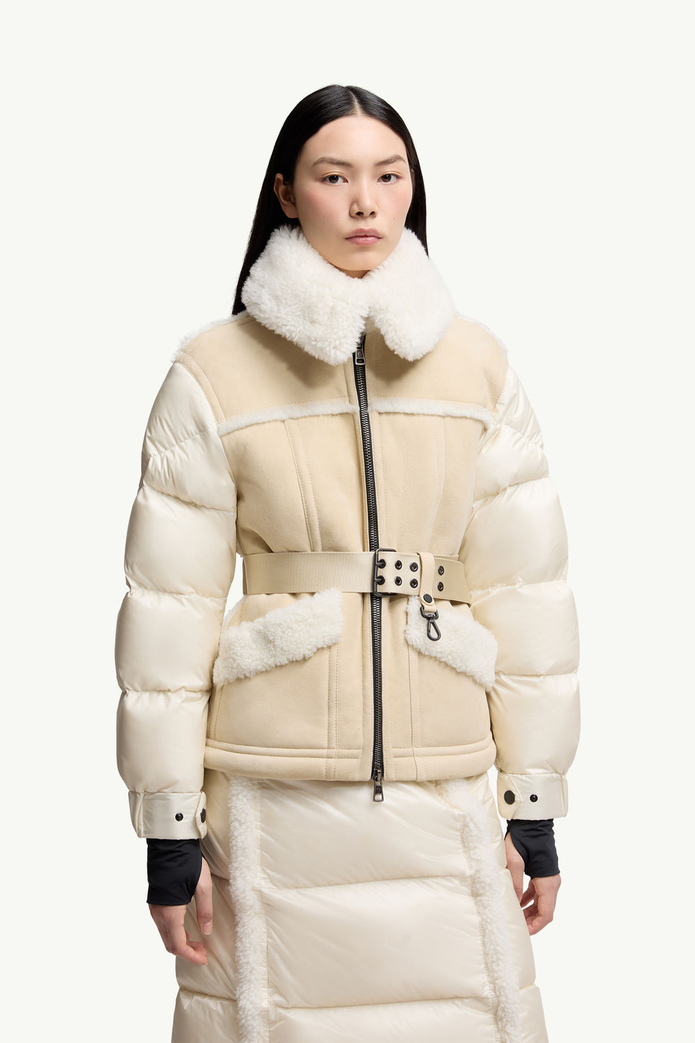 Alvernia Belted Shearling Down Jacket Women Beige & White Moncler 3