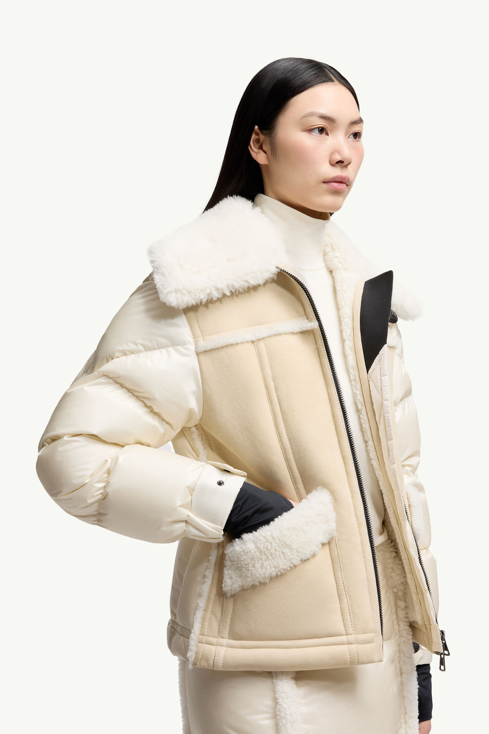 Alvernia Belted Shearling Down Jacket Women Beige & White Moncler 5