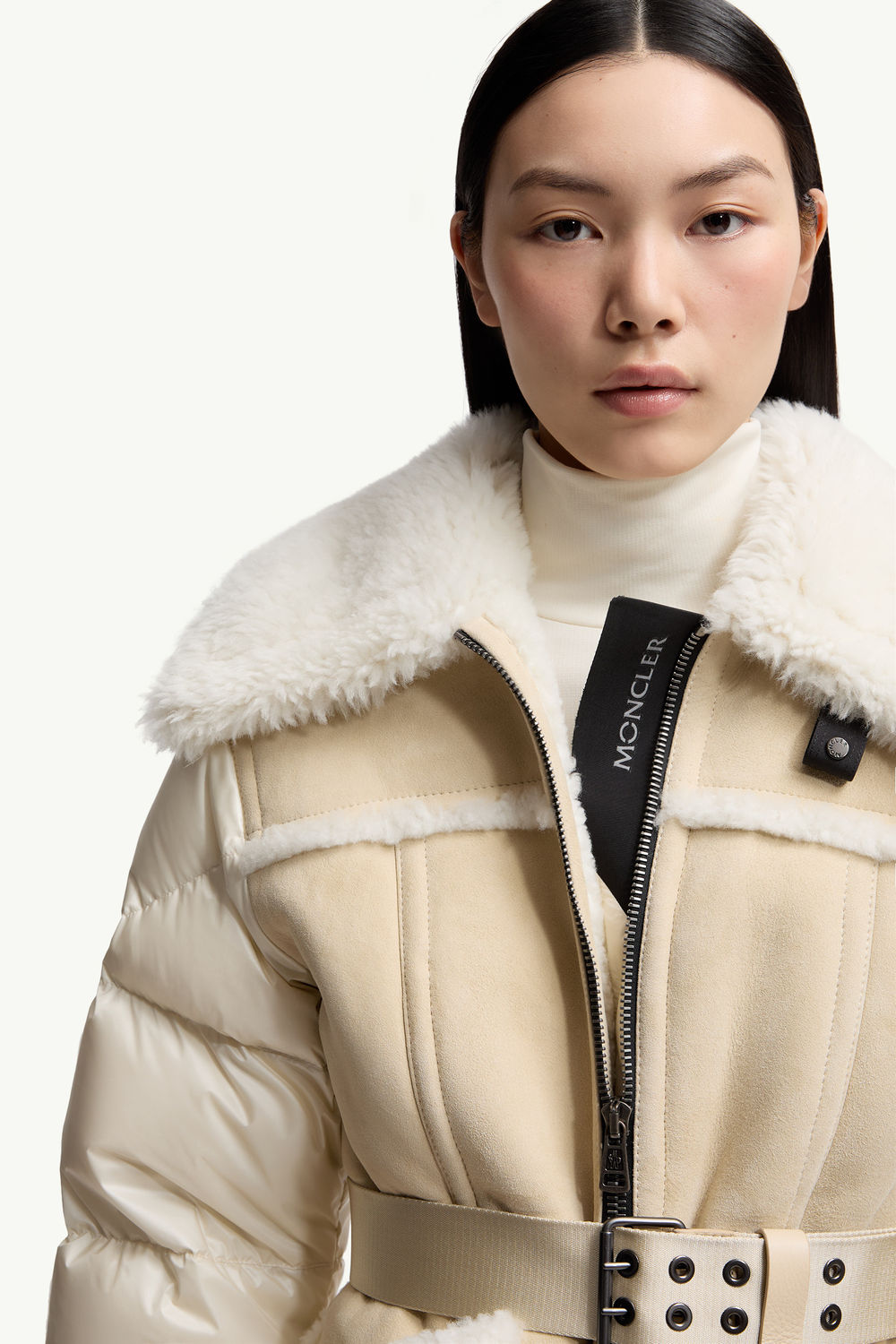 Alvernia Belted Shearling Down Jacket Women Beige & White Moncler 6