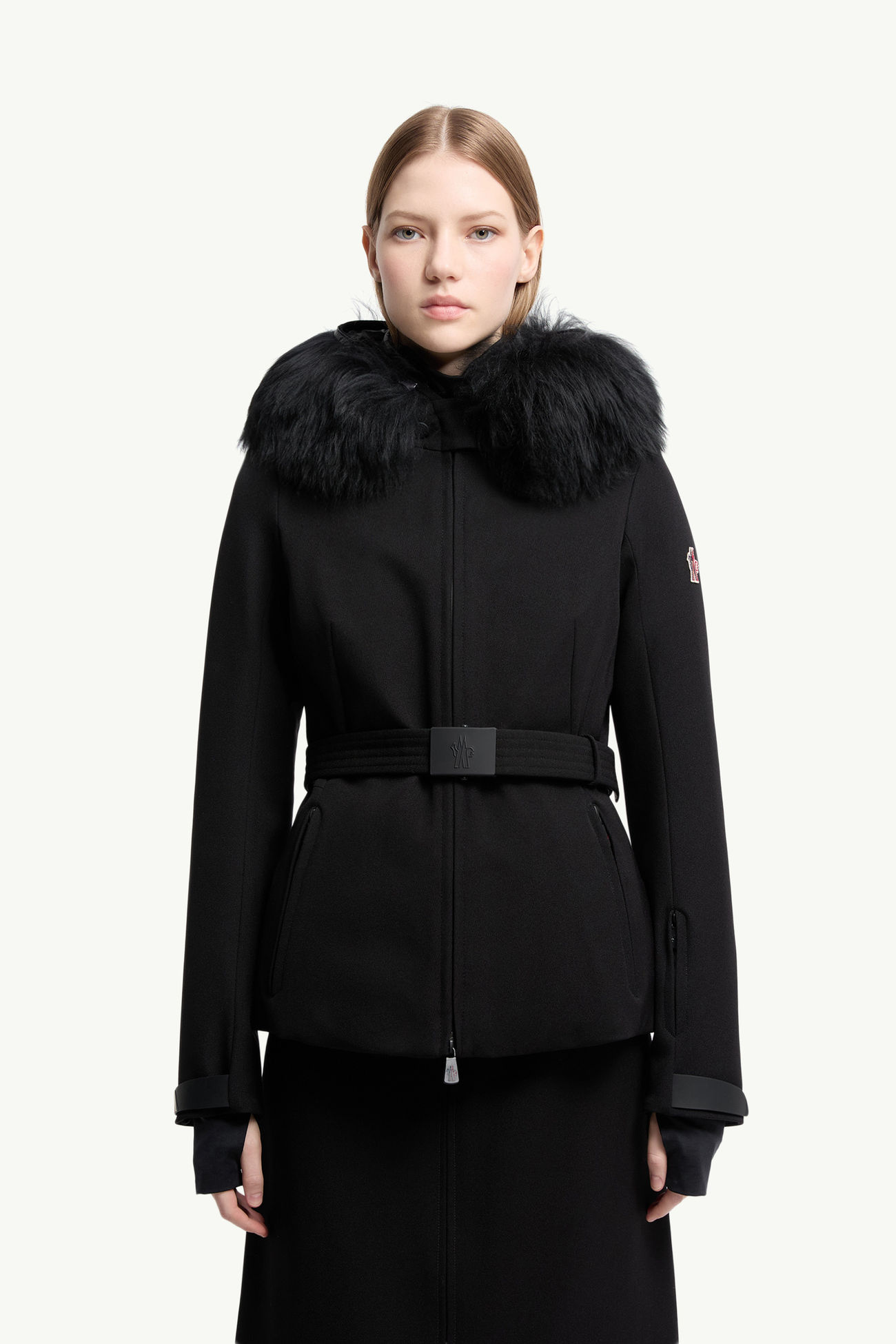 Piumino da sci Bauges con cappuccio e orlo in shearling Donna Nero Moncler 3