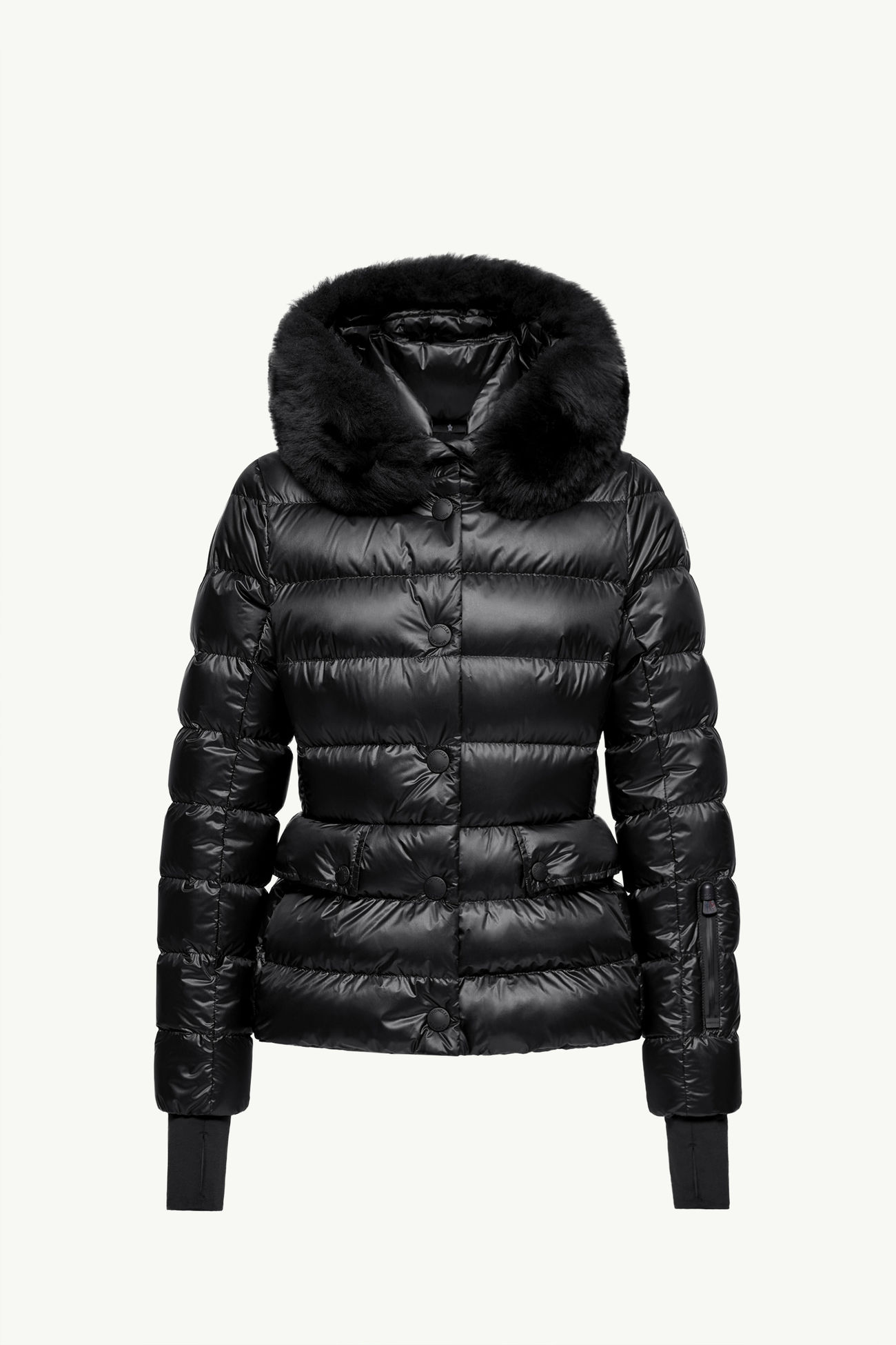 Piumino da sci Armoniques con cappuccio e orlo in shearling Donna Nero Moncler 2