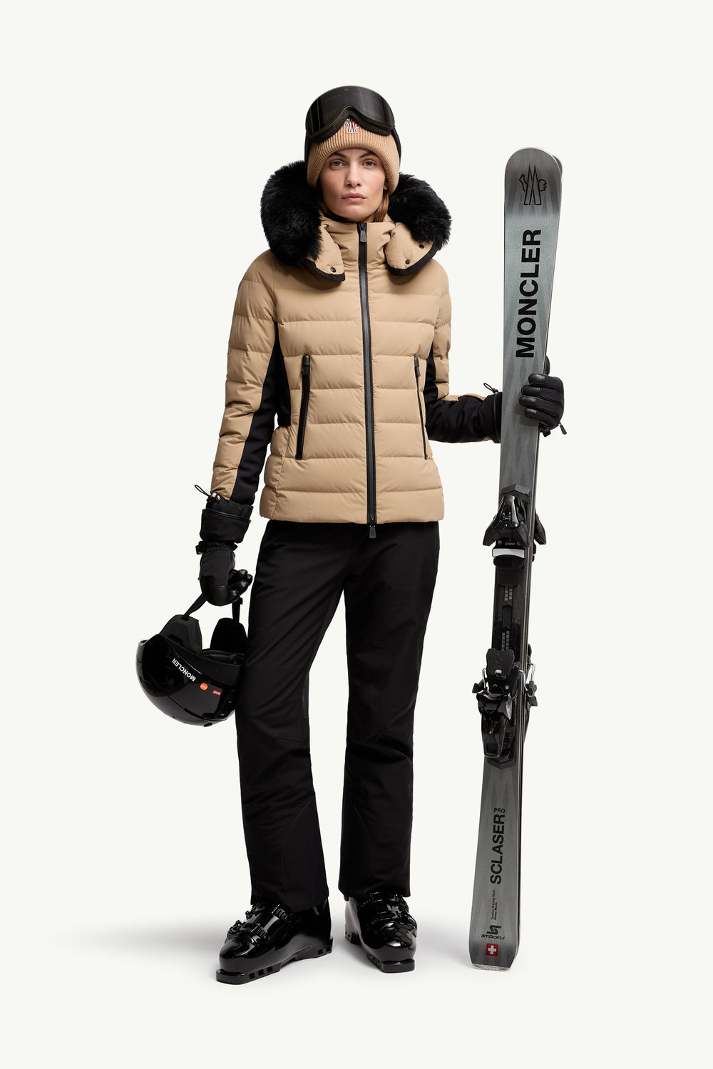 Lamoura Hooded Shearling-Trimmed Down Ski Jacket Women Beige Moncler 0