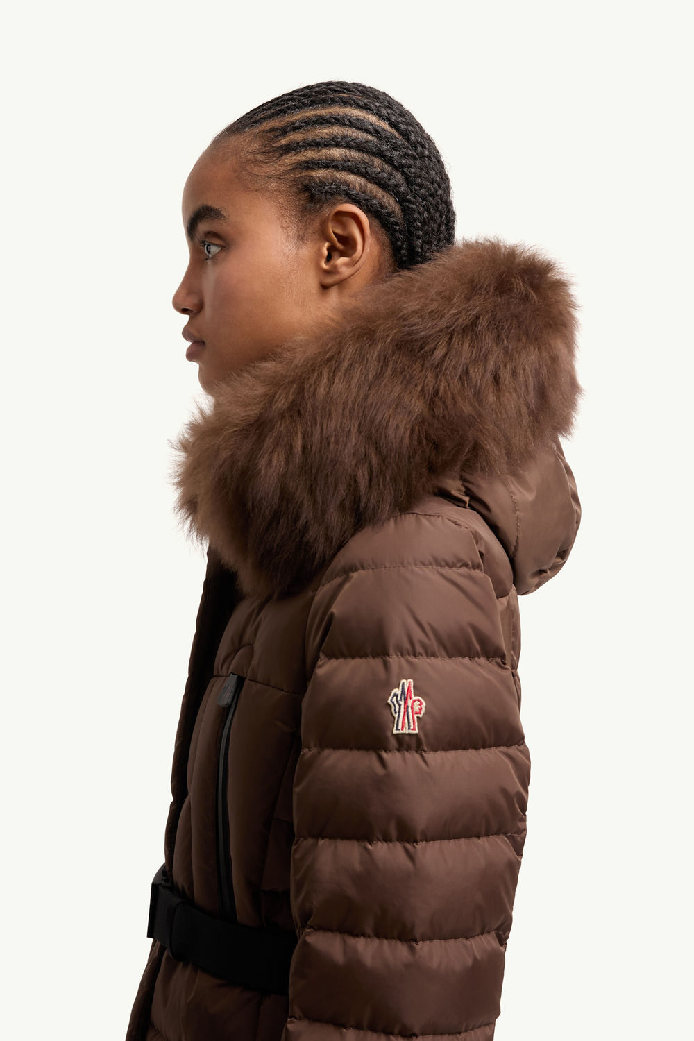 Beverley Hooded Shearling-Trimmed Ski Down Jacket Women Brown Moncler 1