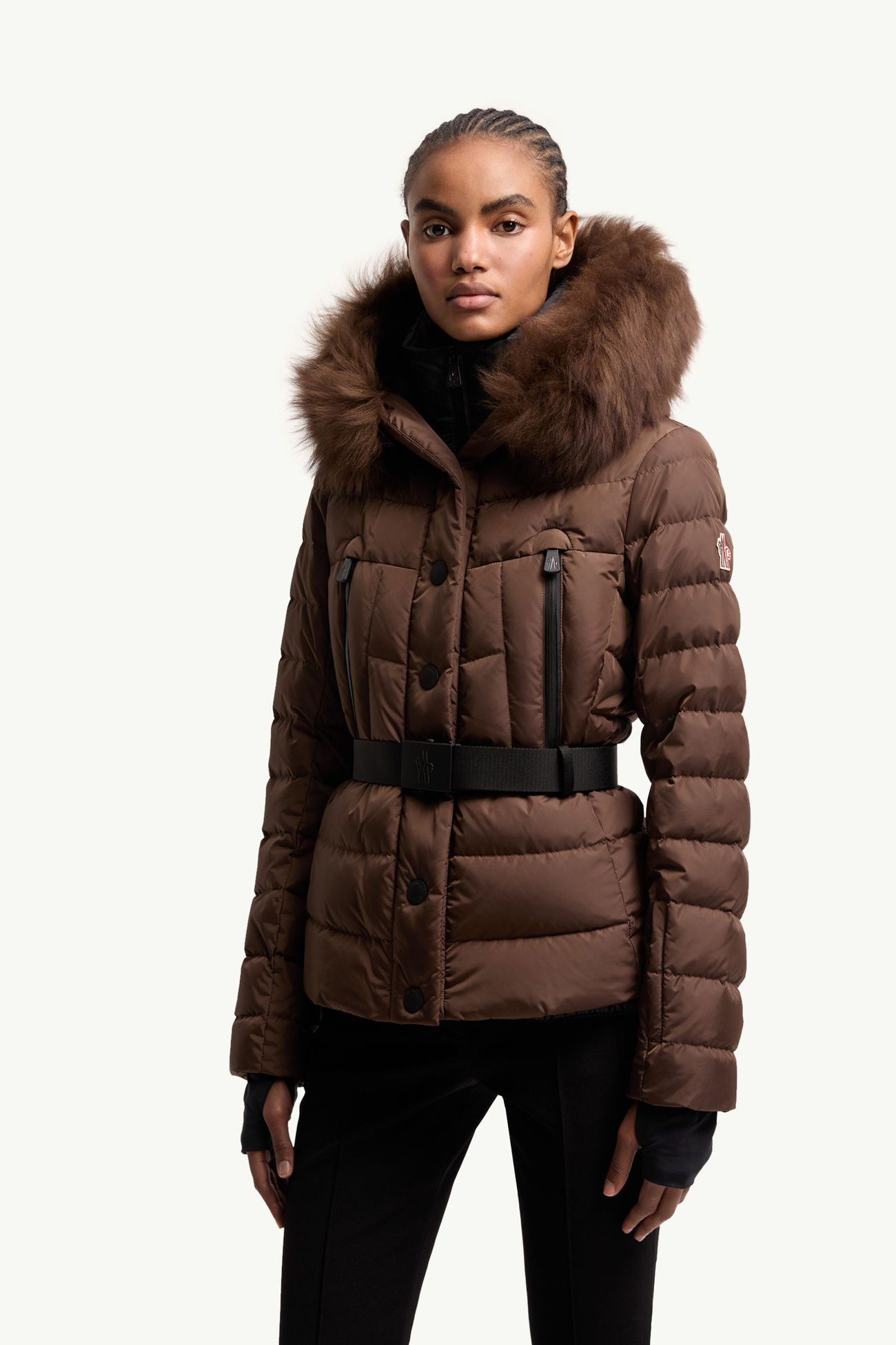 Piumino da sci Beverley con cappuccio e orlo in shearling Donna Marrone Moncler 3