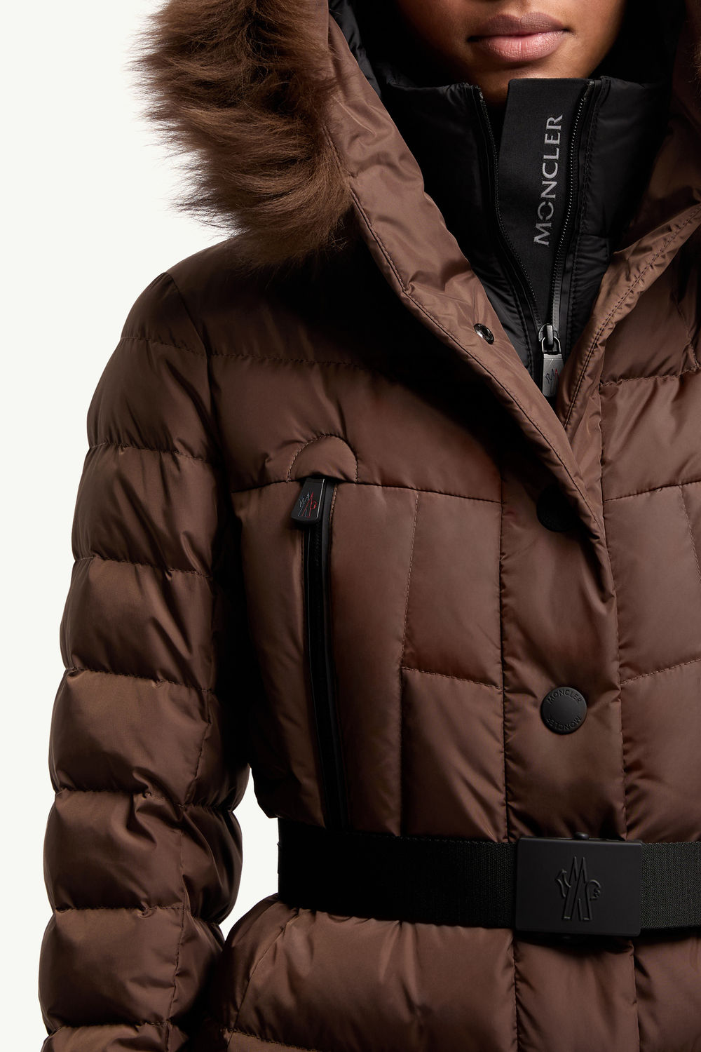 Beverley Hooded Shearling-Trimmed Ski Down Jacket Women Brown Moncler 6
