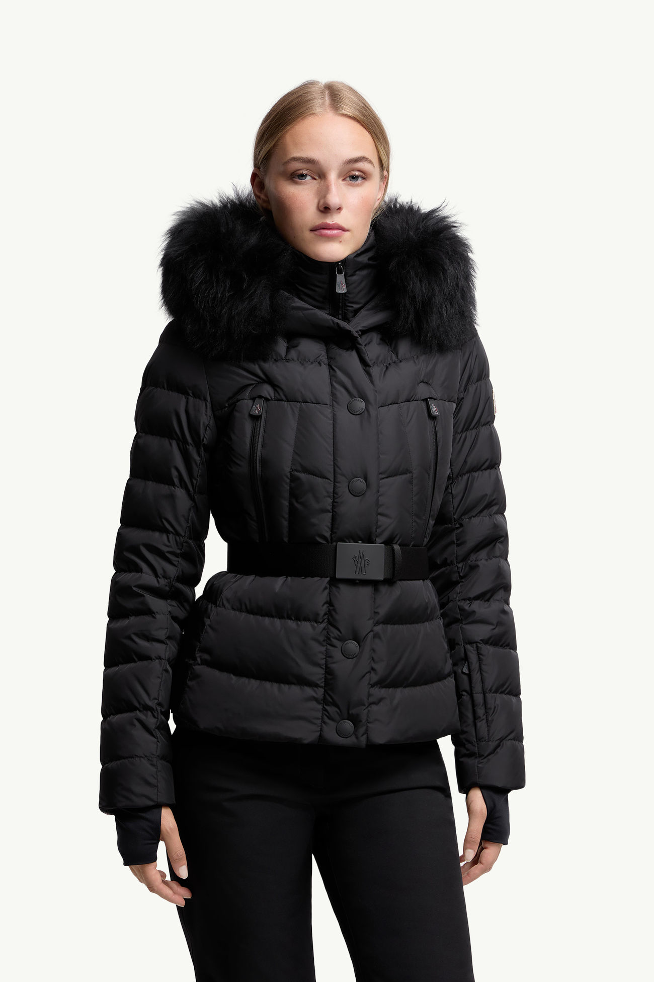 Beverley Hooded Shearling-Trimmed Ski Down Jacket Women Black Moncler 3