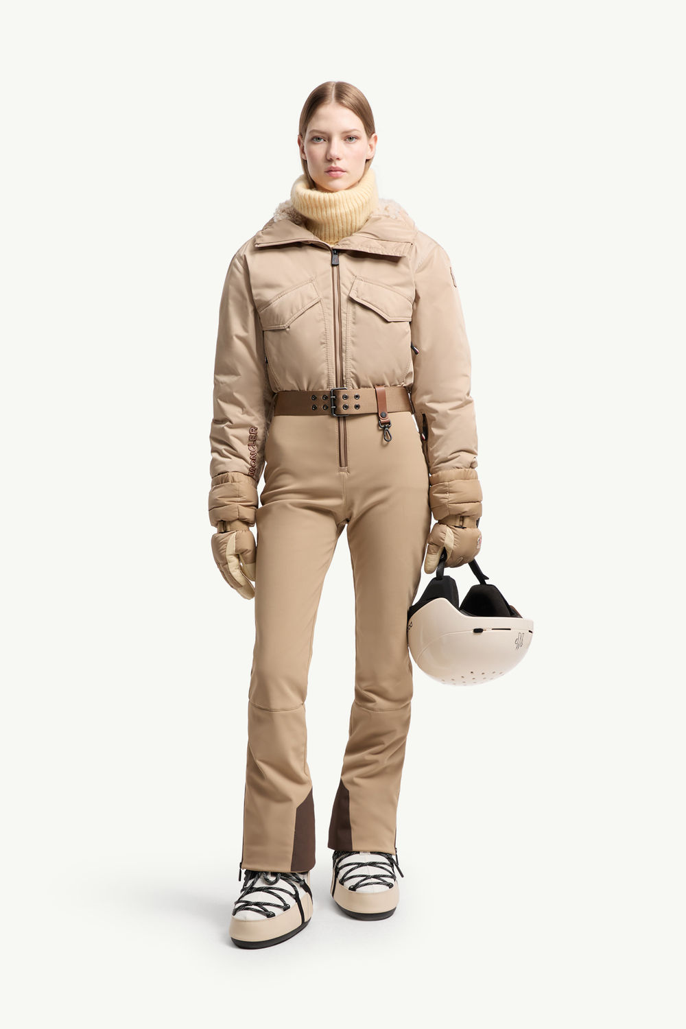 Hooded Down Ski Suit Women Camel Beige Moncler 0