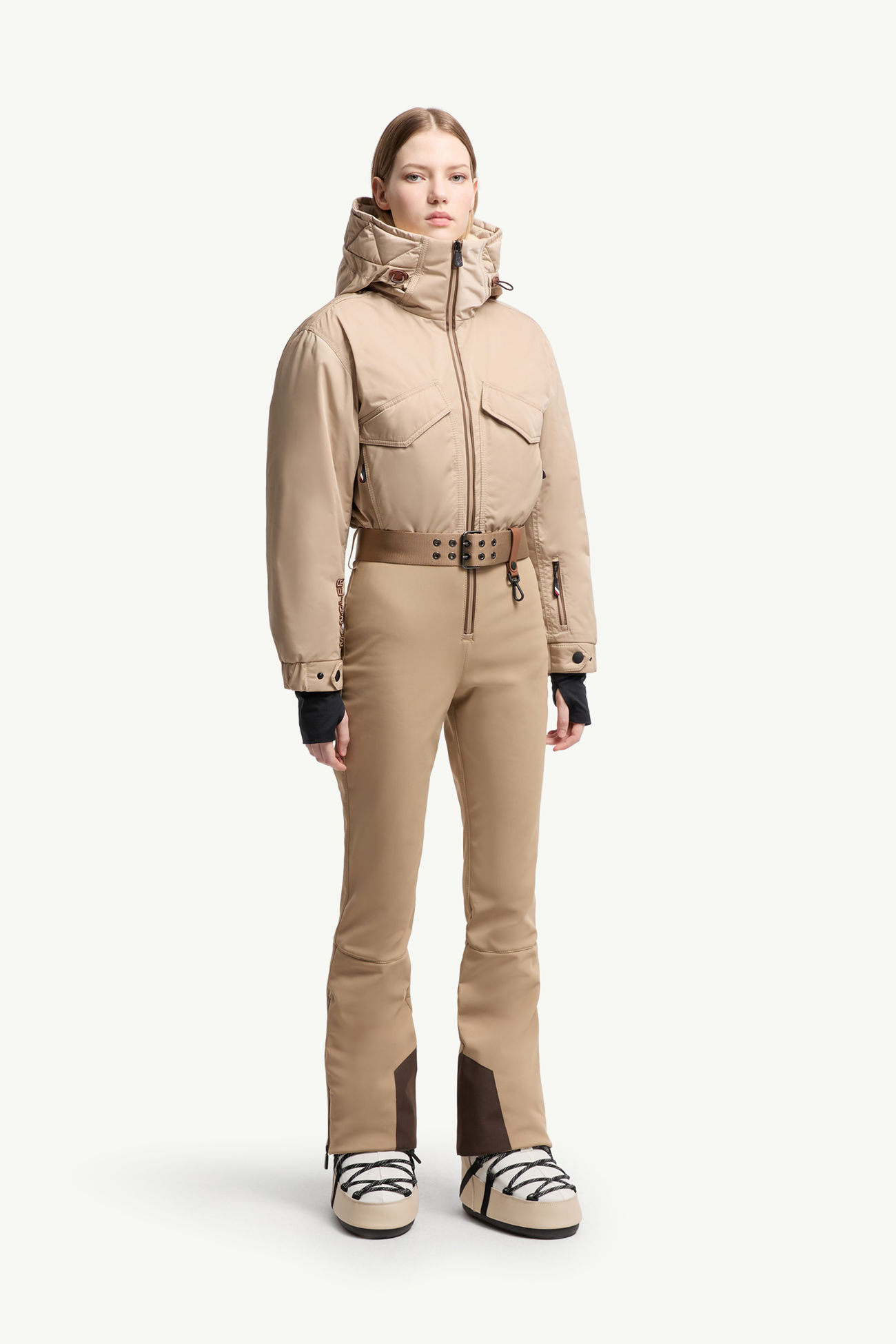 連帽羽絨滑雪服 女士 駱駝米色 Moncler 3